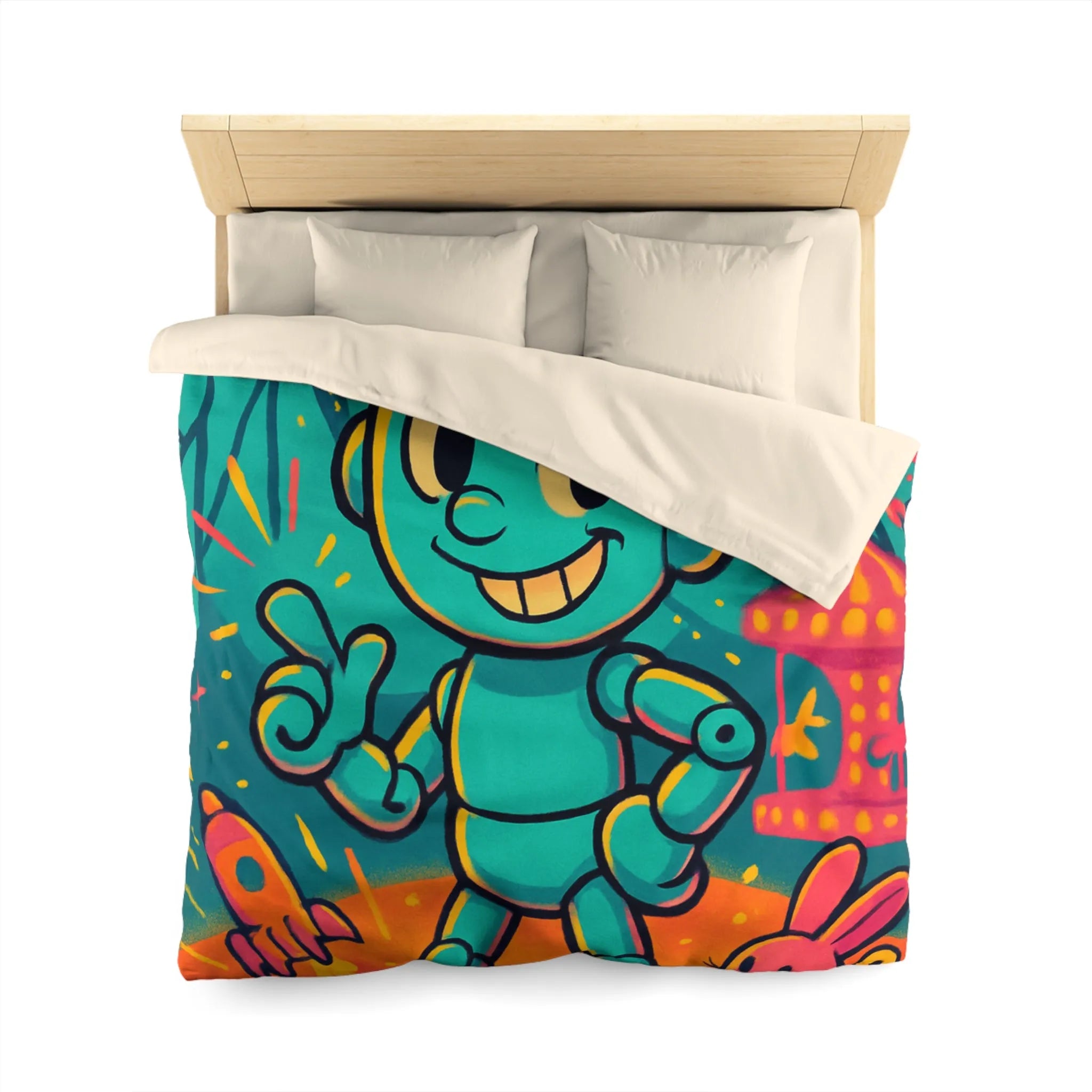 Housse de Couette Ludique avec Robot Jouet et Feux d’Artifice Multicolores pour Enfants