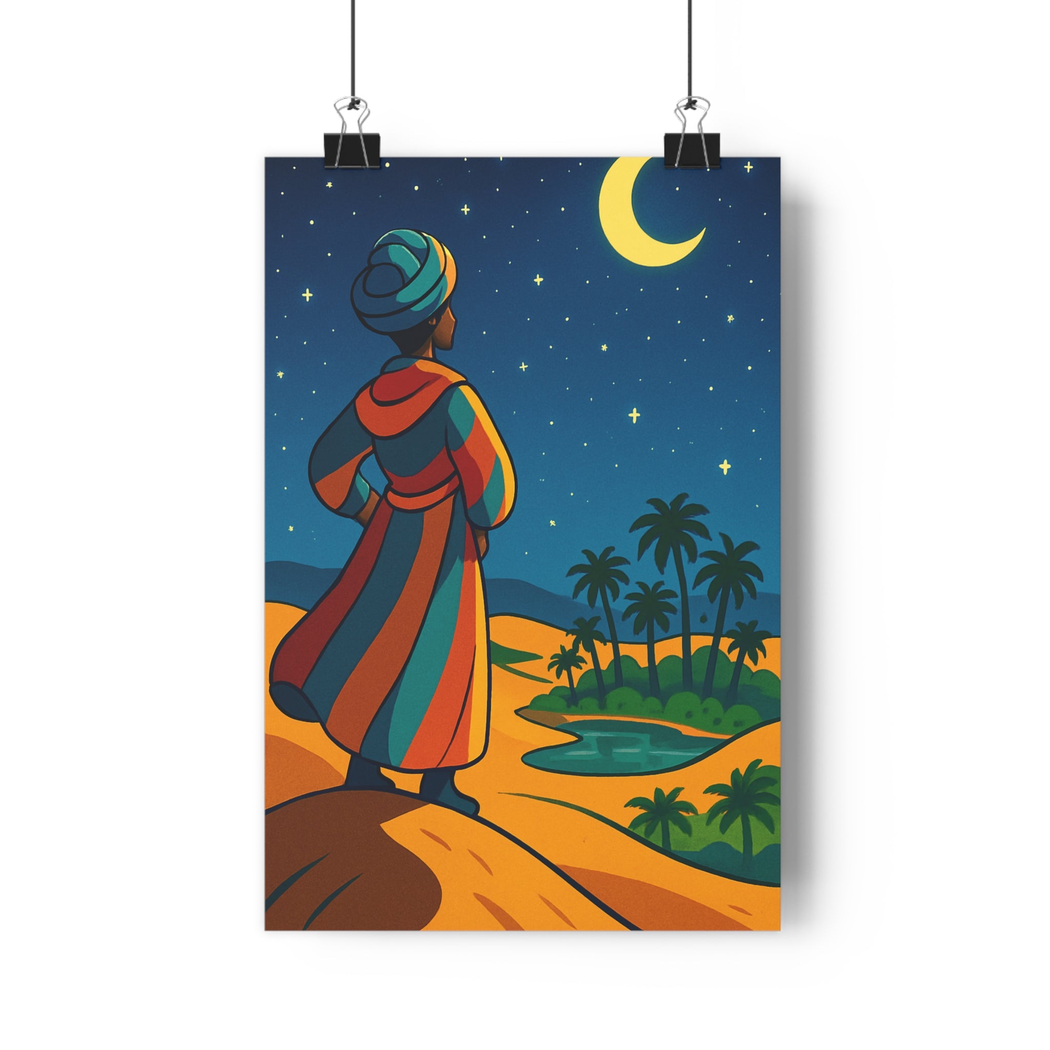 Poster décoratif désert illustration cartoon nuit étoilée lune oasis palmiers couleurs vives chambre ambiance