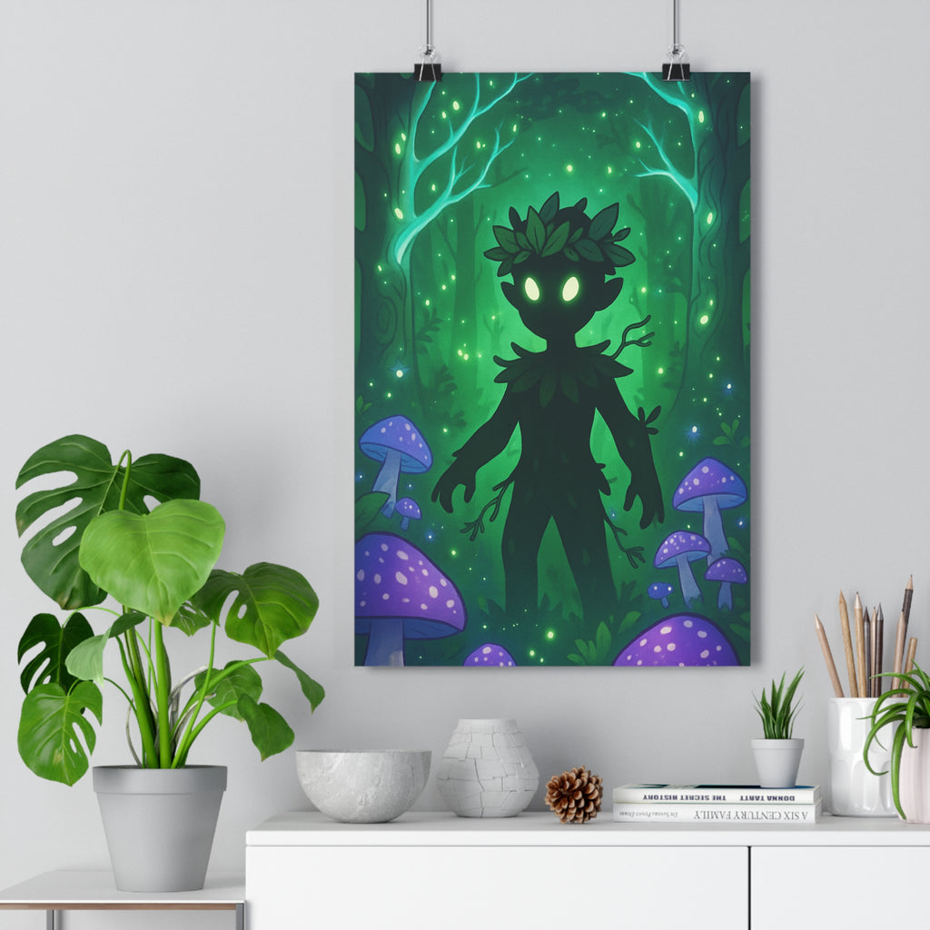 Poster décoratif forêt enchantée créature mystique violet vert cartoon féerique chambre enfant magique ambiance