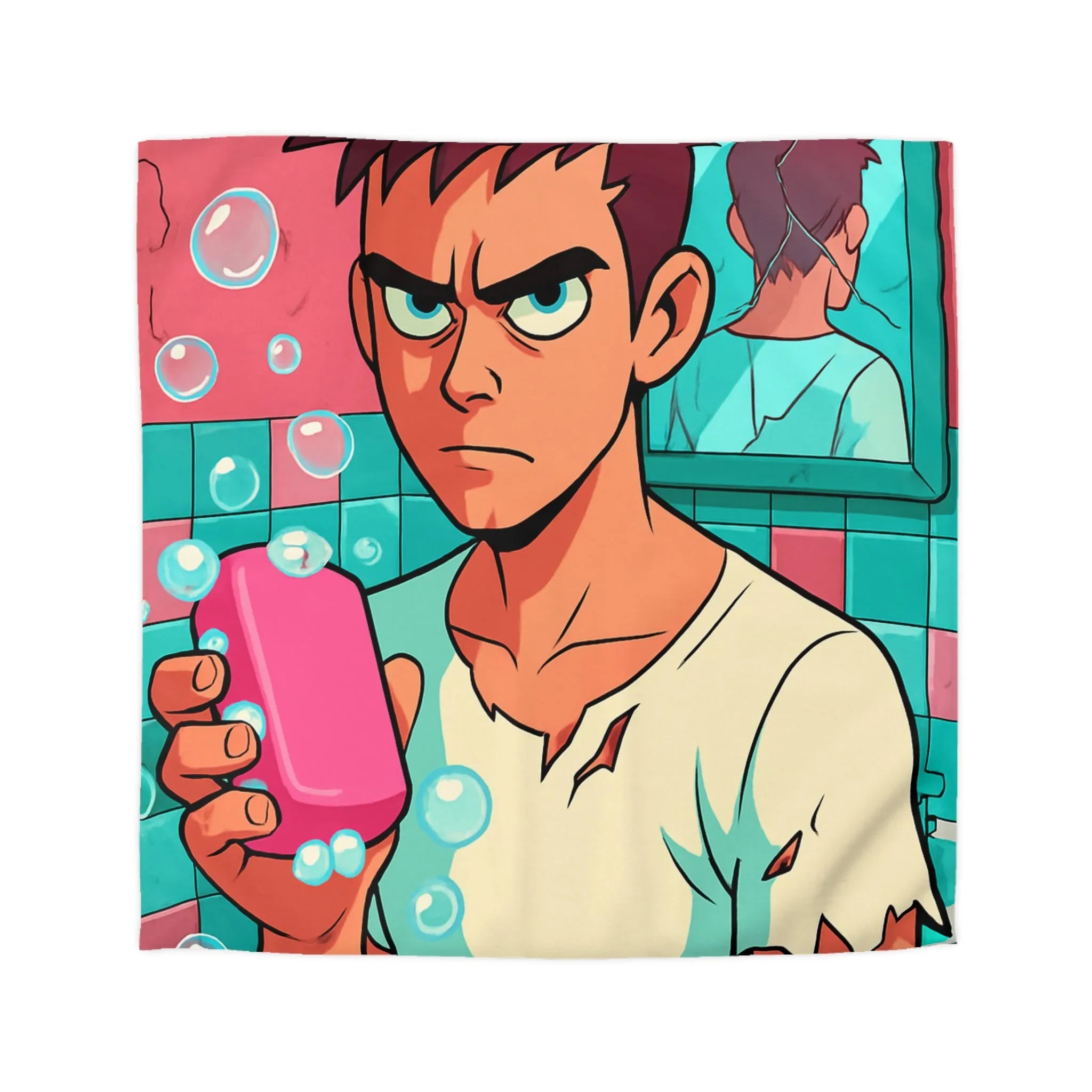 Housse de Couette avec Jeune Homme Déterminé Tenant Un Savon Rose en Colère