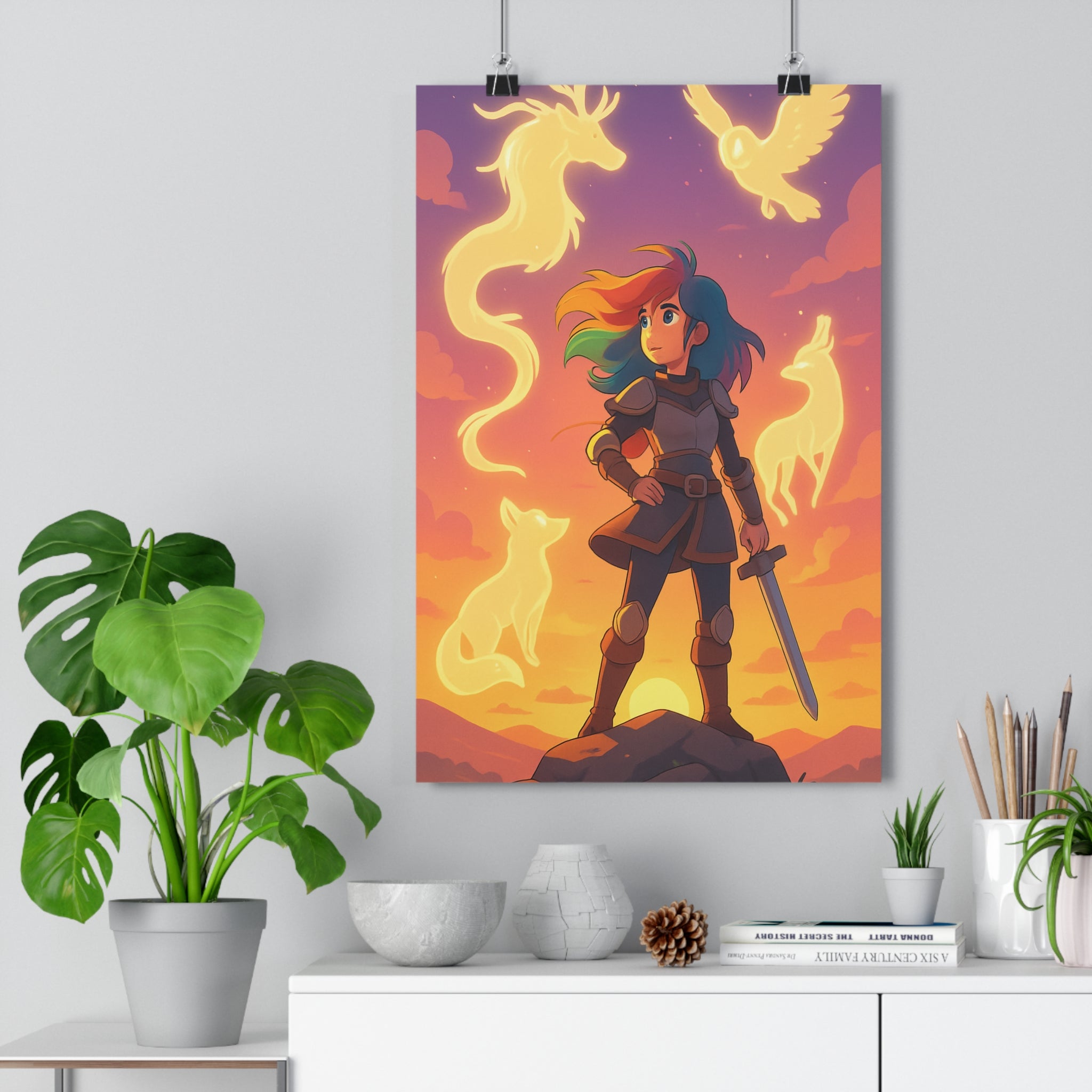 Poster décoratif armure épée coucher soleil violet orange aventurier mystique salon chambre artistique unique