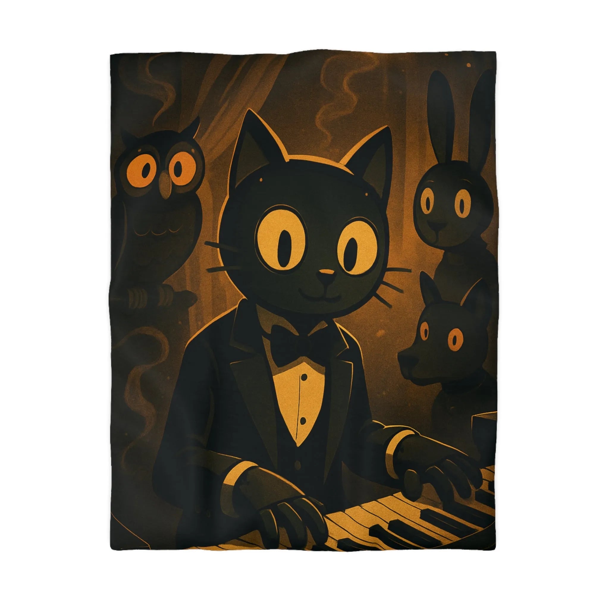 Housse de couette chat noir jouant du piano avec hibou et lapin en arrière-plan