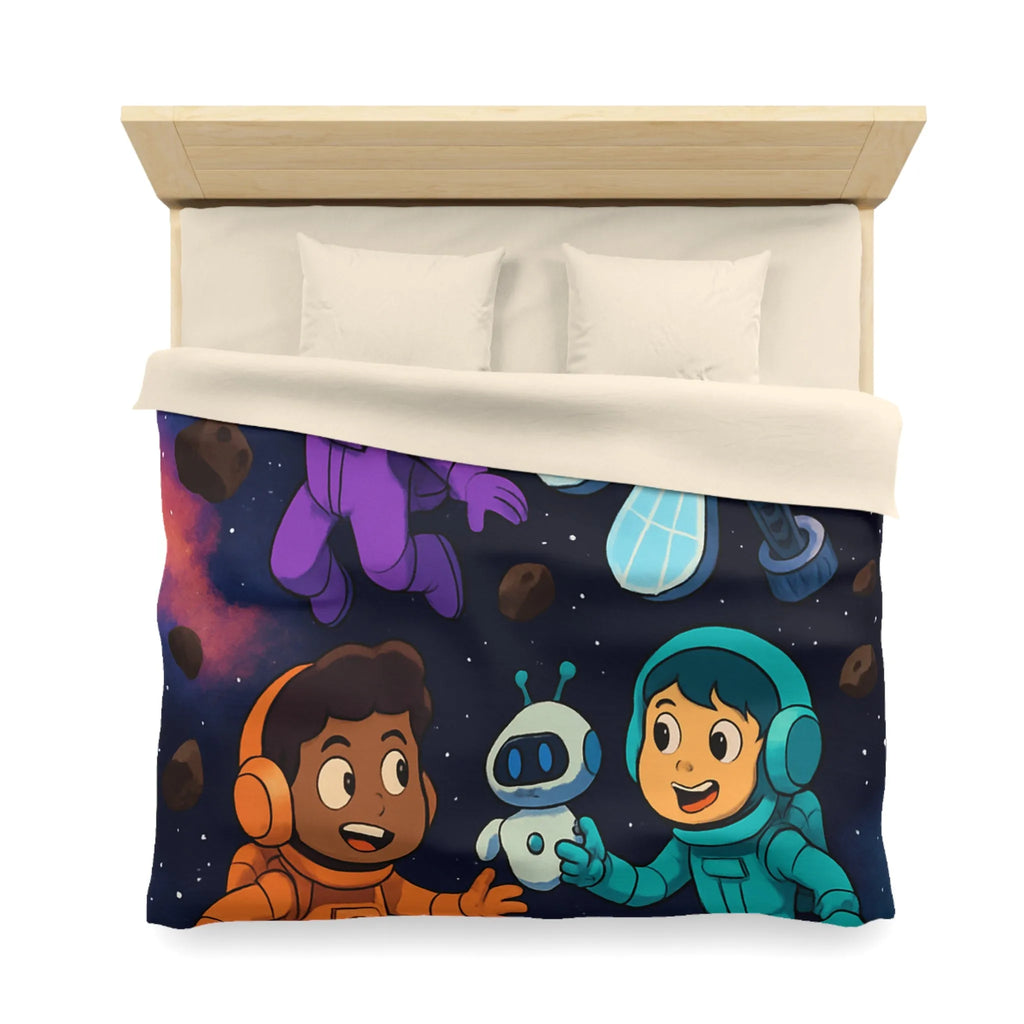 Housse de couette inspirée espace enfants, astronautes colorés, étoiles et planètes joyeuses