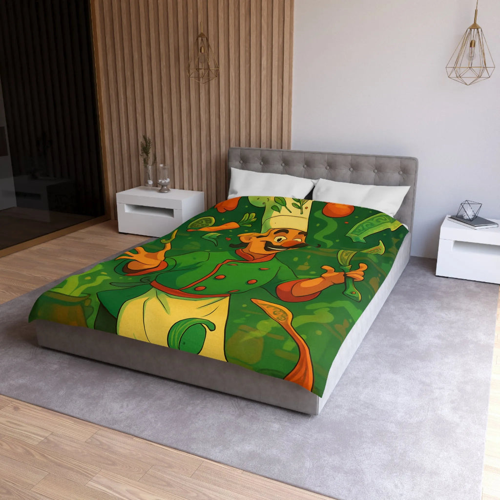Housse De Couette Chef Cartoon Coloré Jonglant Avec Légumes Dans Cuisine Magique Verte