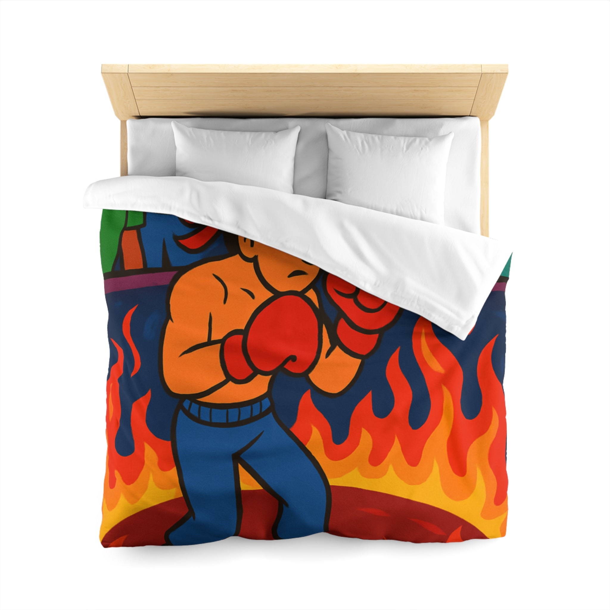 Housse de couette originale avec boxeur entouré de flammes et foule colorée