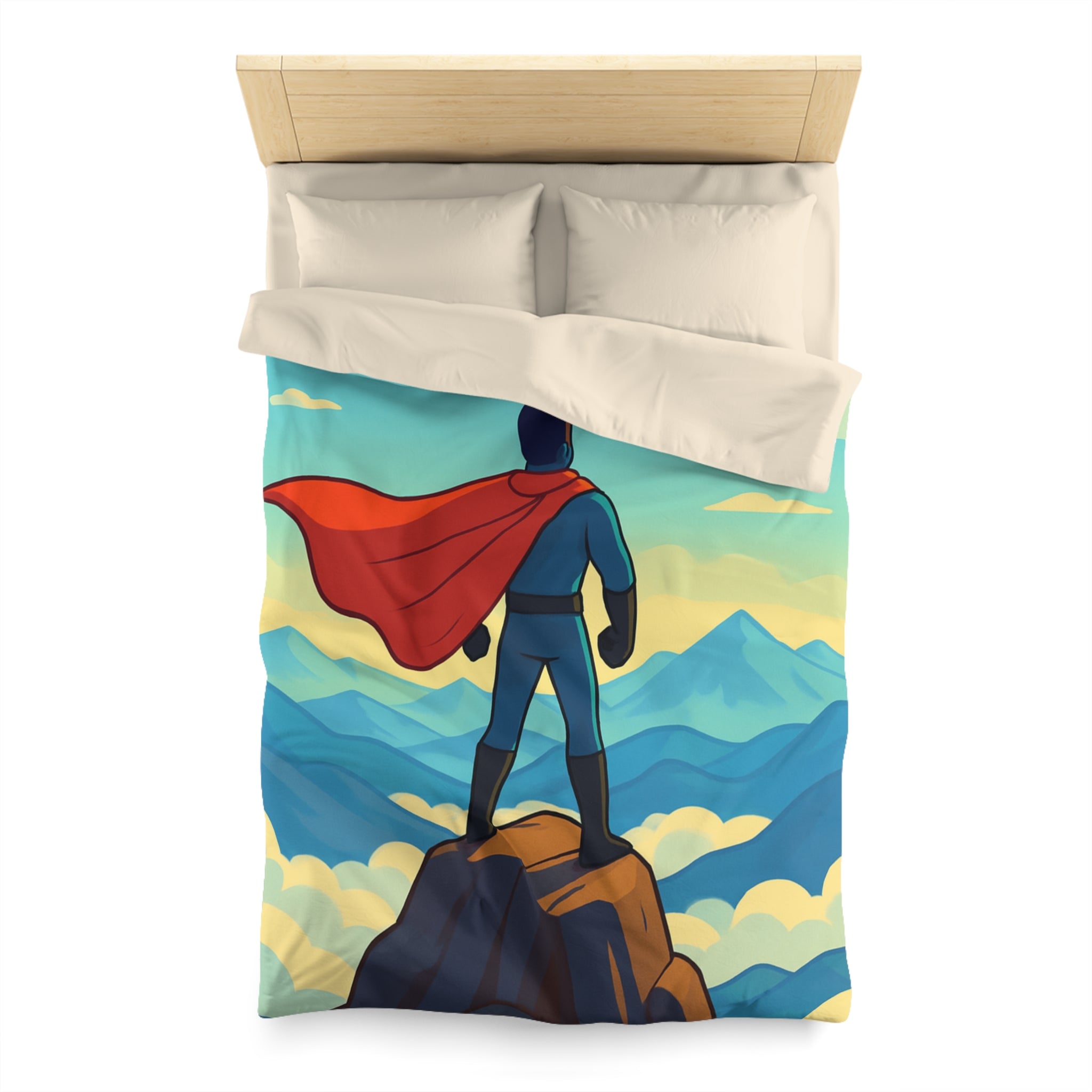 Housse de couette super-héros face montagne montgolfières colorées ciel bleu rêve