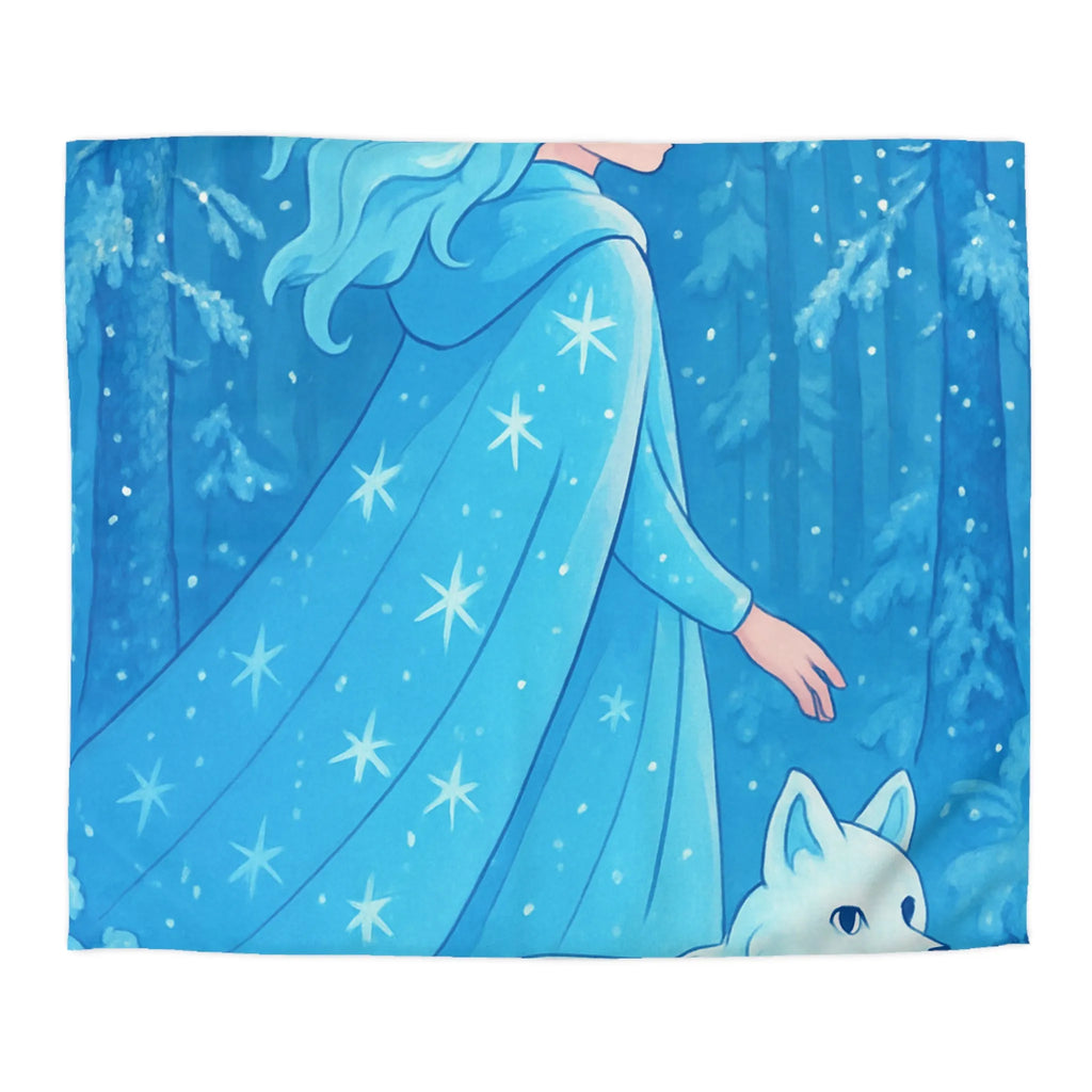 Housse de couette avec jeune fille et renard dans forêt hivernale magique