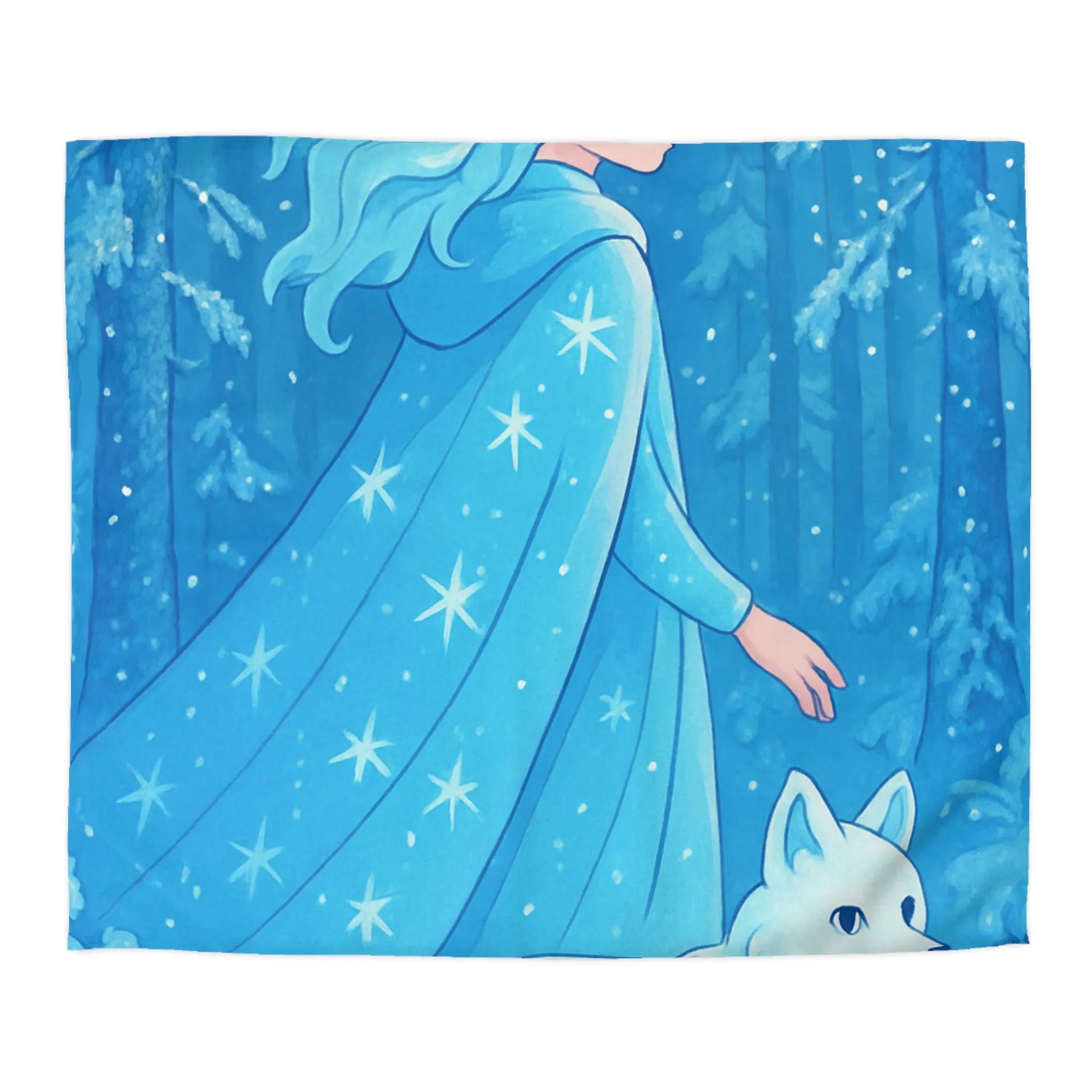 Housse de couette avec jeune fille et renard dans forêt hivernale magique