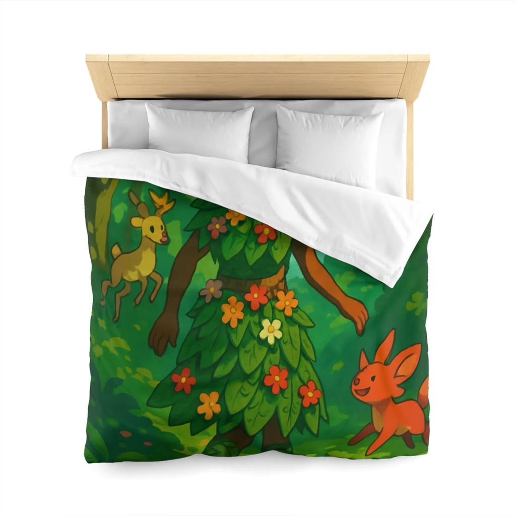 Housse de couette forêt enchantée avec créatures et personnage naturel aux couleurs vibrantes