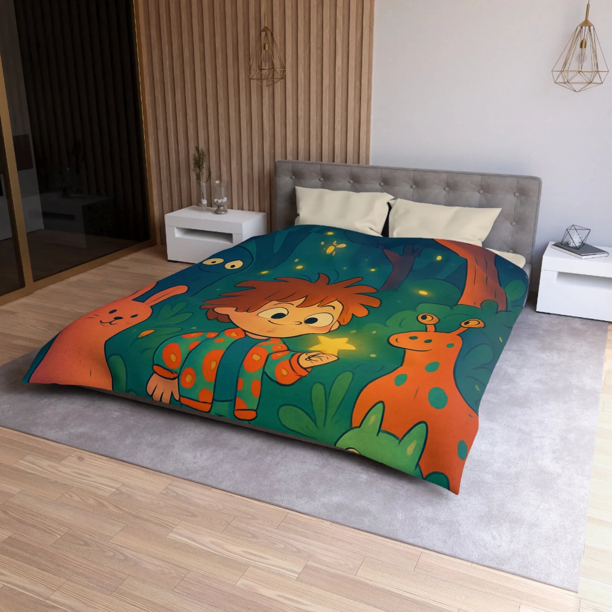 Housse de couette colorée forêt enchantée dessin animé, enfants et animaux magiques