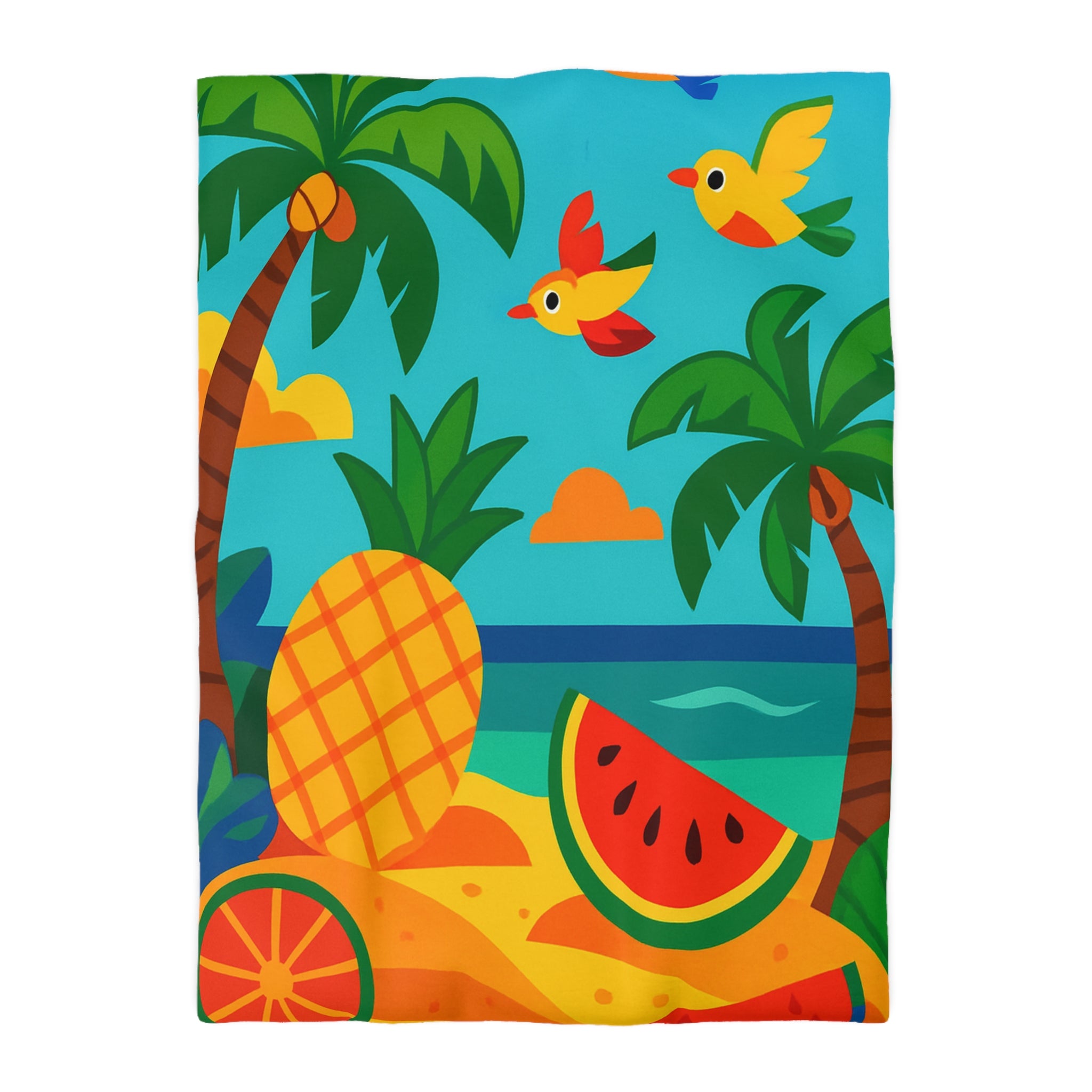 Housse de couette tropicale colorée avec fruits exotiques et oiseaux vibrants sur la plage