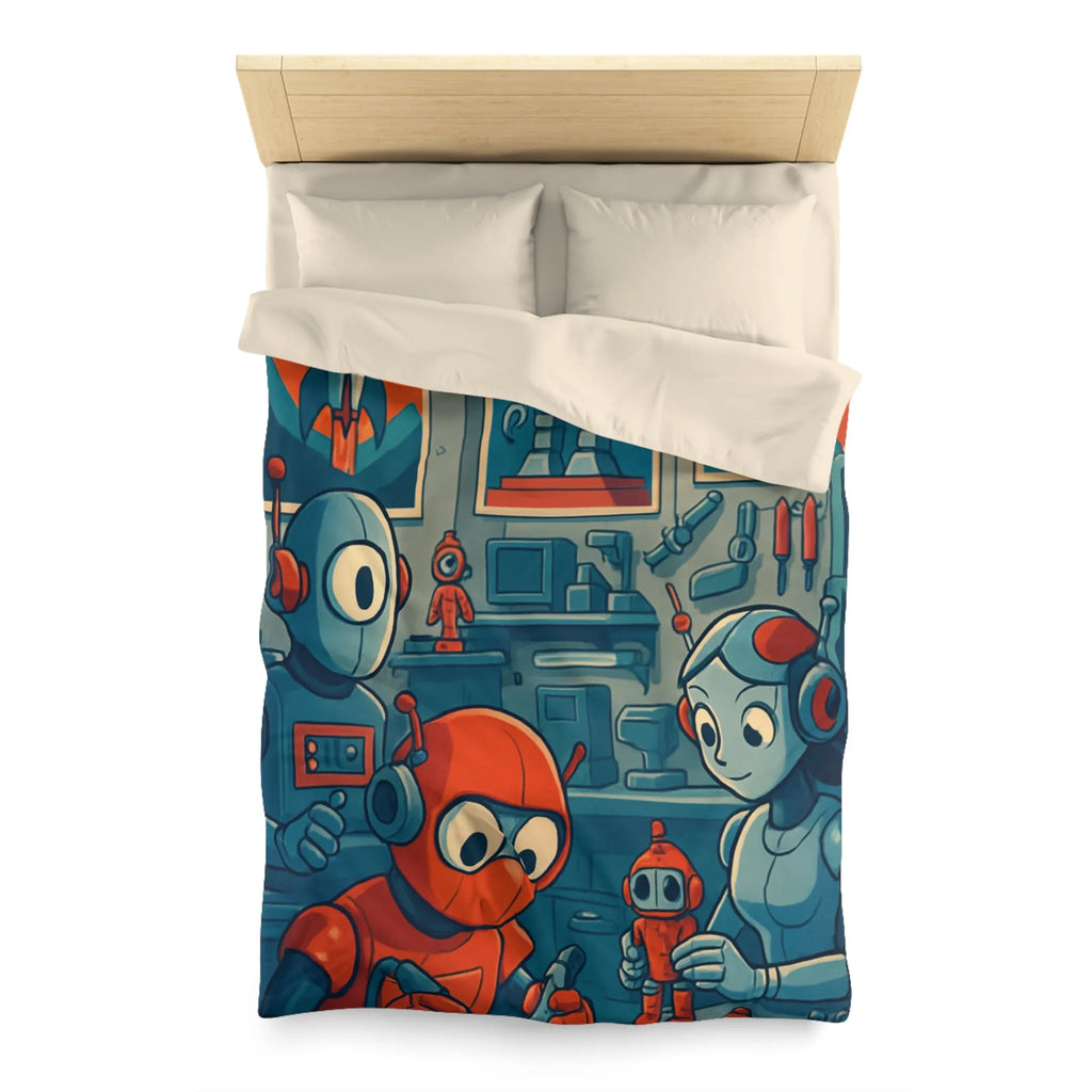 Housse de Couette Adorable Atelier de Robots pour Enfants au Look Rétro Futuriste