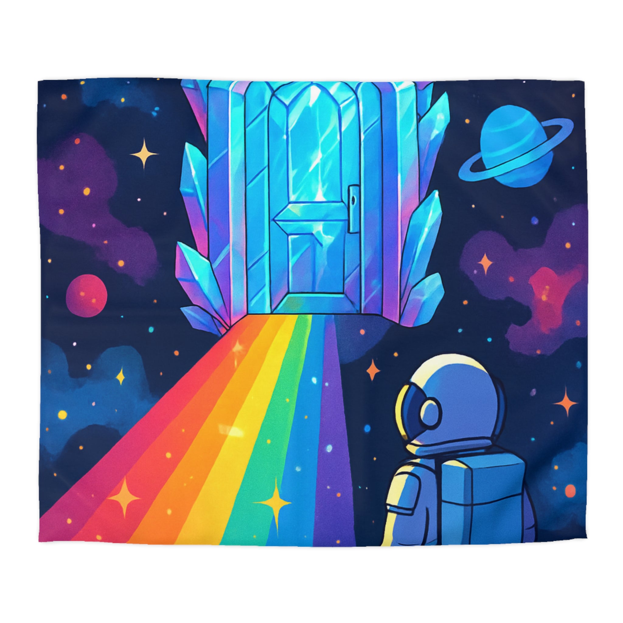 Housse de couette rêve cosmique : astronaute, porte de cristal et univers coloré