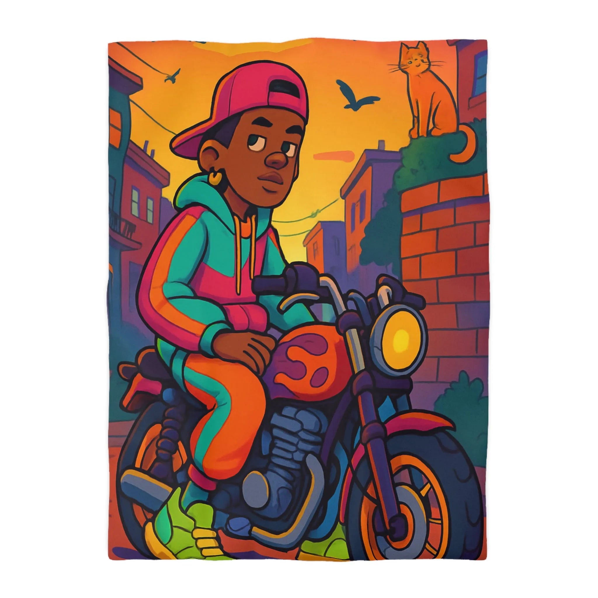Housse de Couette Colorée avec Motif de Motard Urbain et Chat Orange Artistique