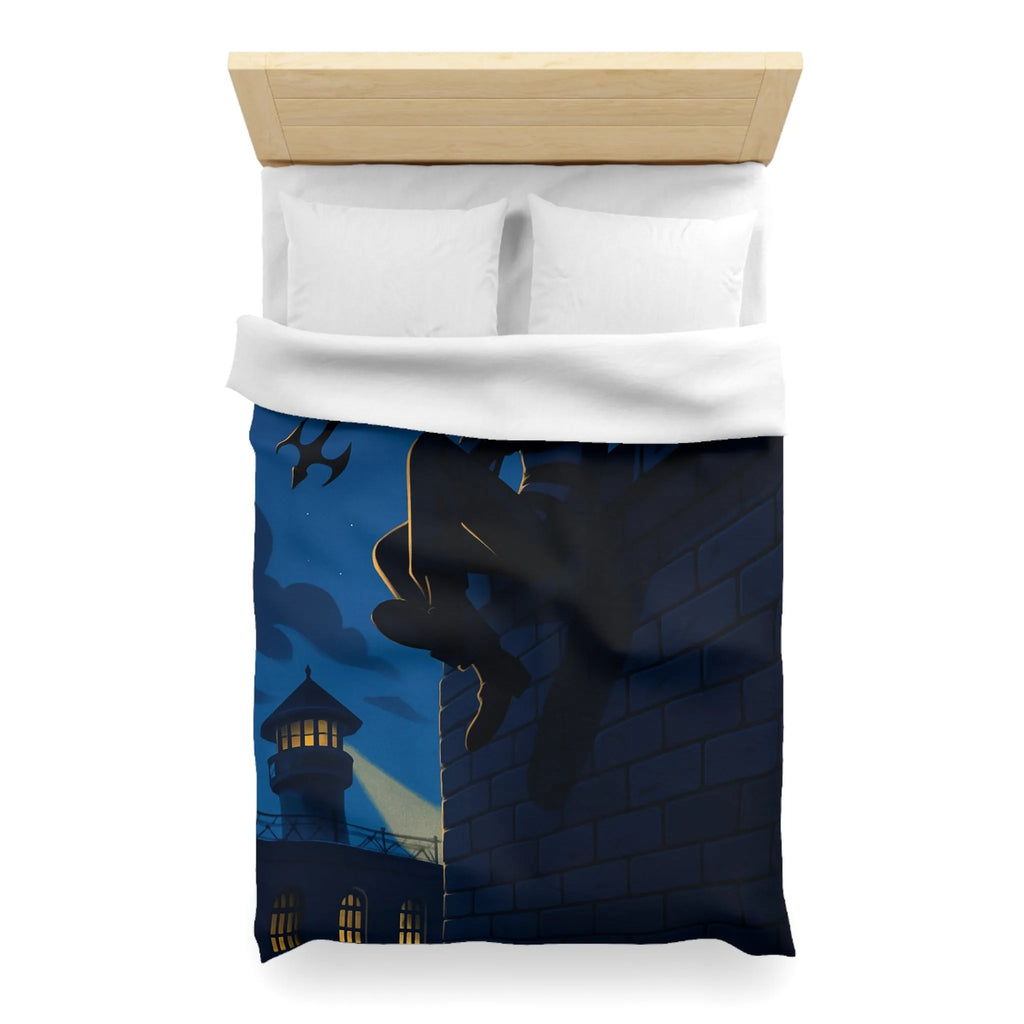 Housse de couette avec artiste en fuite sous ciel étoilé, ambiance nocturne captivante