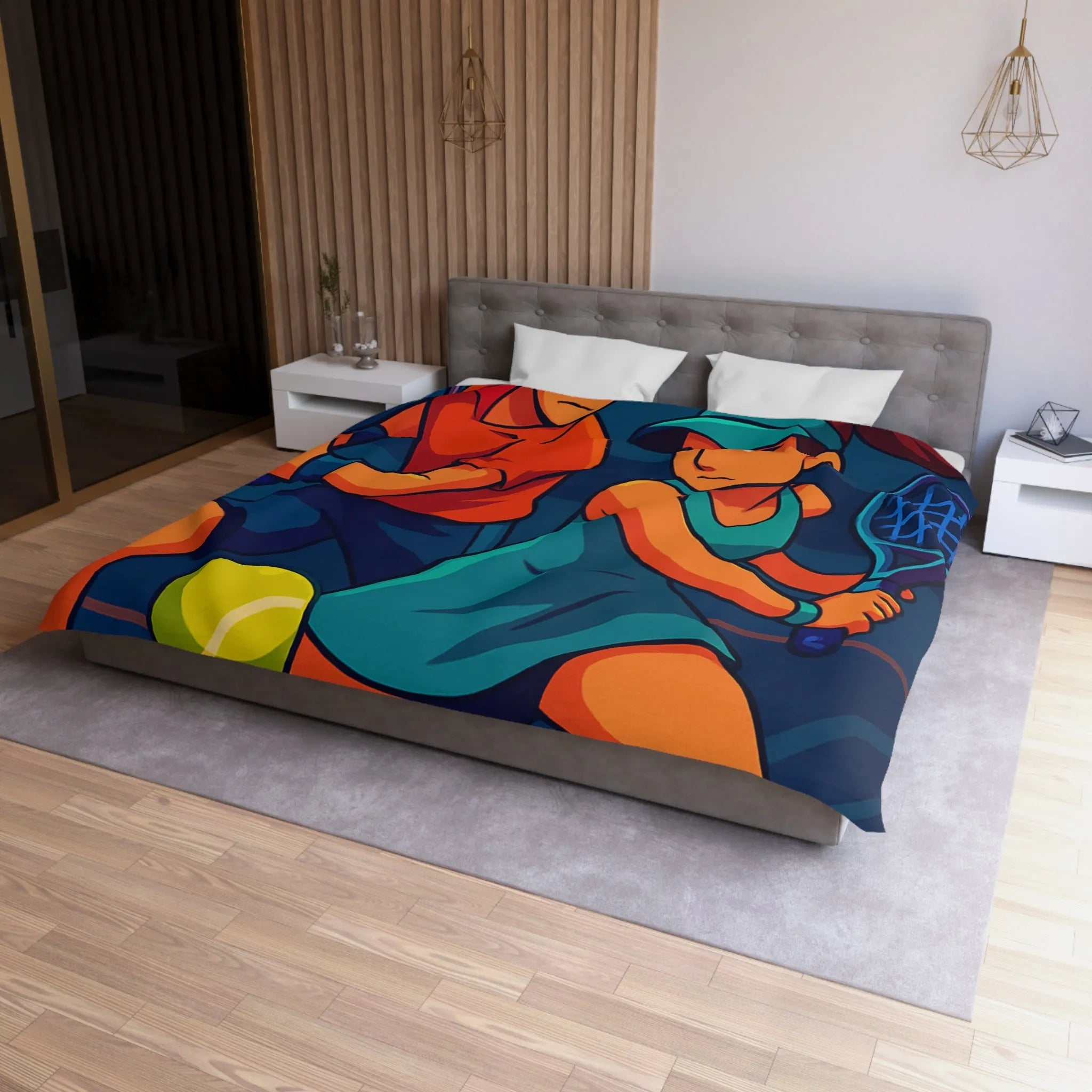 Housse de couette dynamique avec joueurs de tennis en style vectoriel coloré et moderne