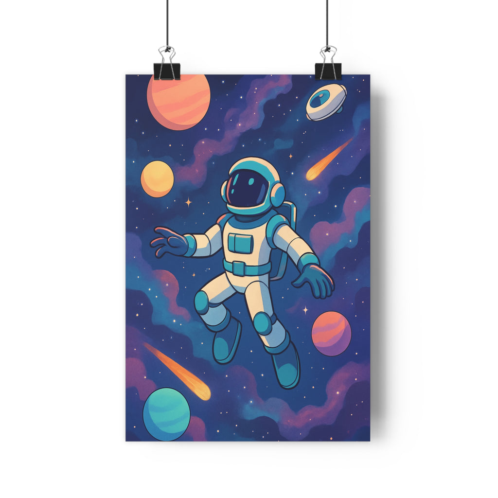 Poster décoratif astronaute planètes étoiles cartoon rétro bleu orange violet enfant chambre aventure qualité