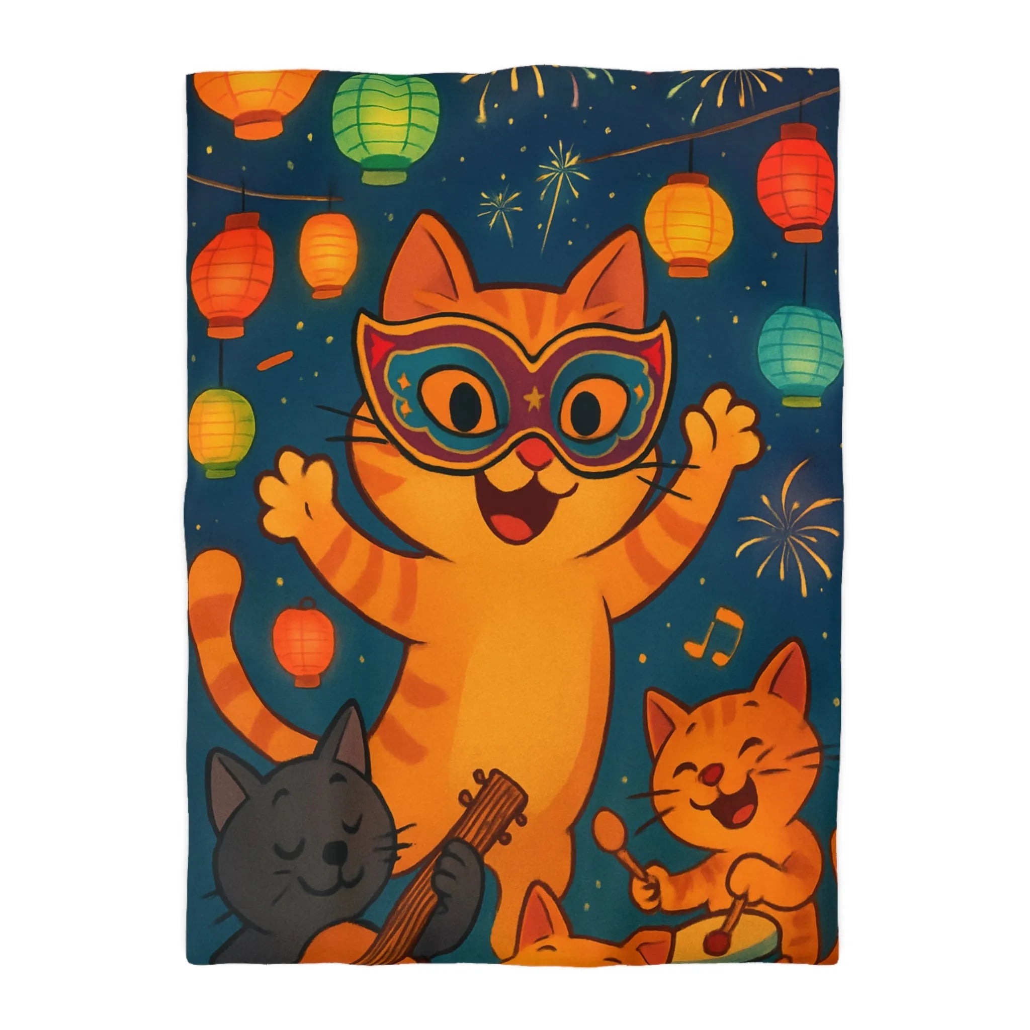 Housse de couette festive avec chats joyeux, feux d'artifice et lanternes colorées