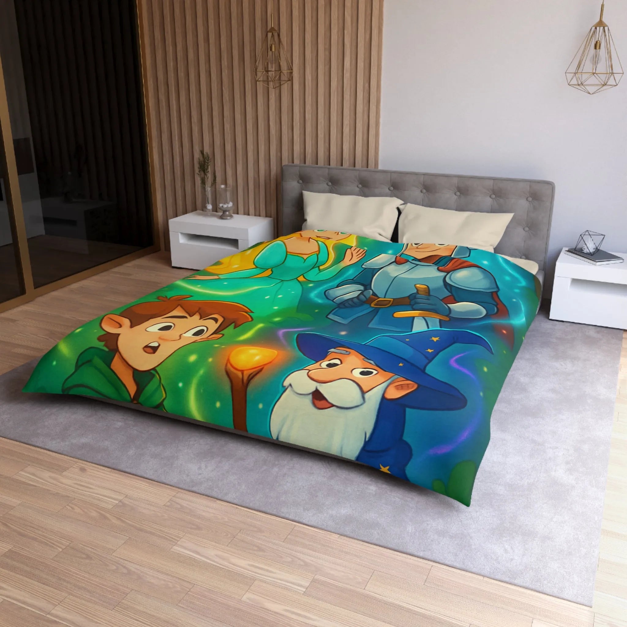 Housse de couette avec chevalier, magicien, princesse et elfes pour chambre enfant