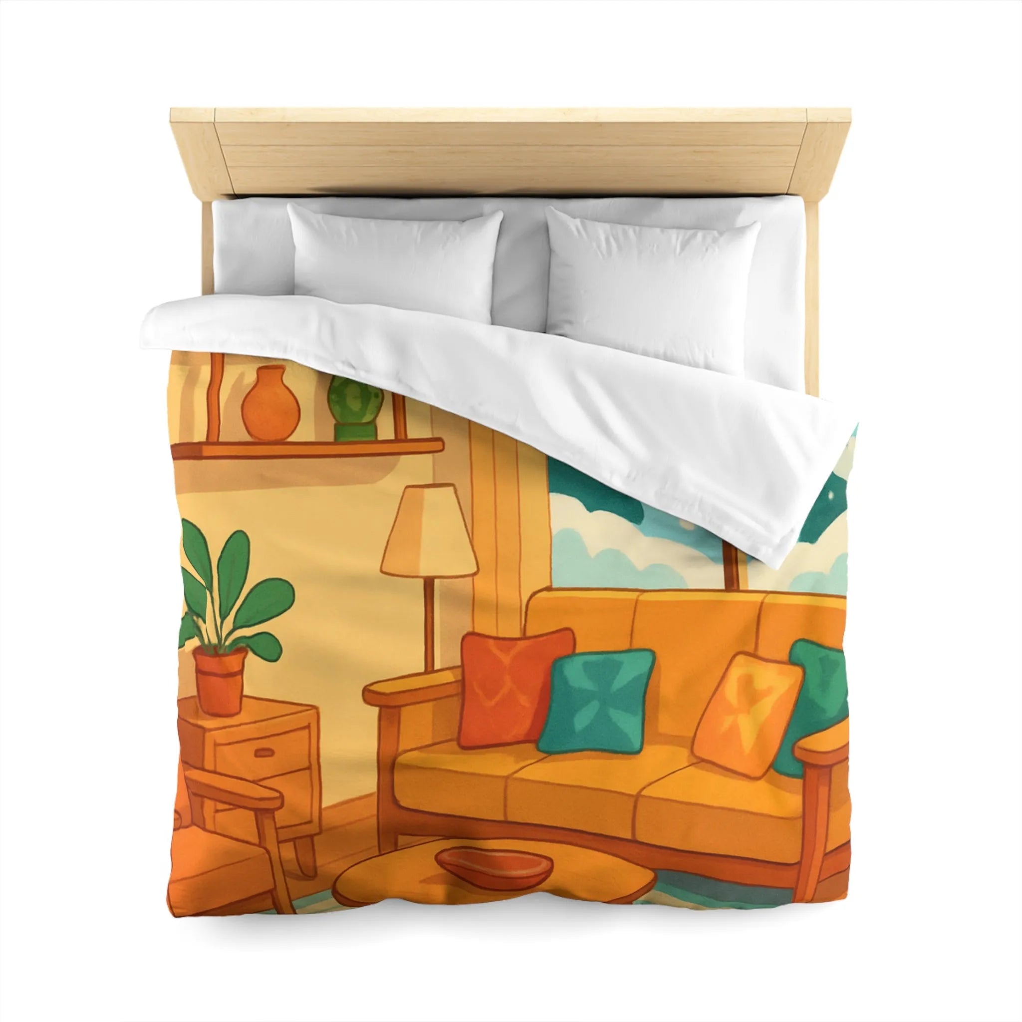 Housse de couette chaleureuse motif salon hiver, décor scandinave avec neige et plantes