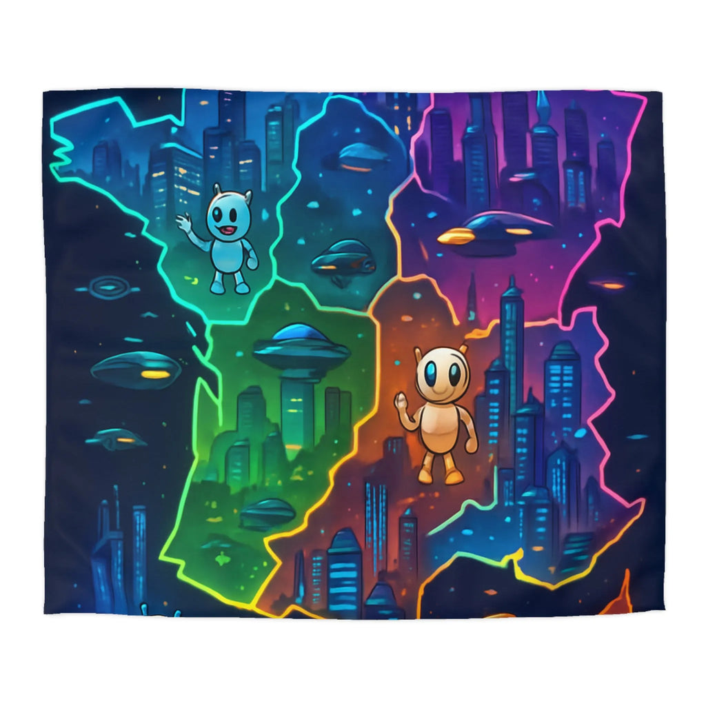 Carte de France futuriste colorée avec robots et OVNIs sur une housse de couette unique