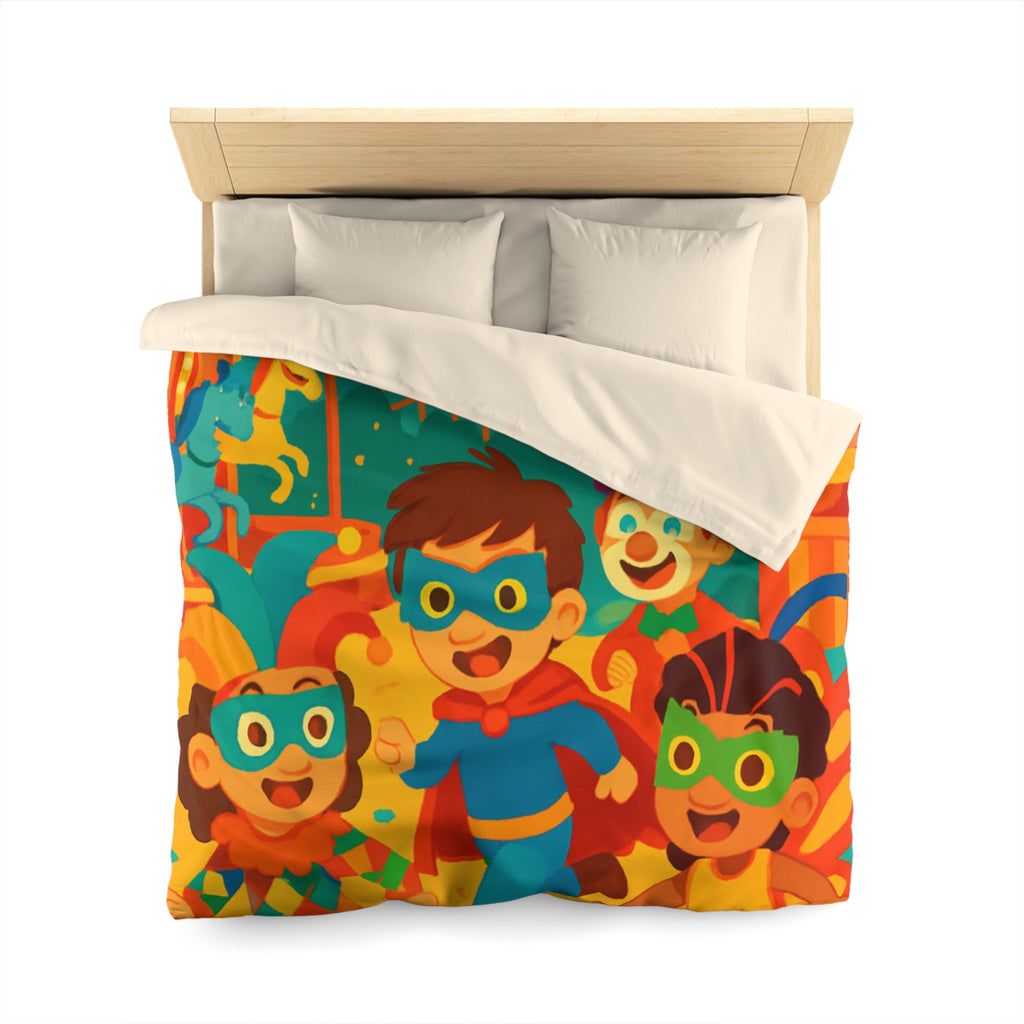 Joyeuse fête foraine avec enfants costumés courant joyeusement parmi attractions colorées nocturnes