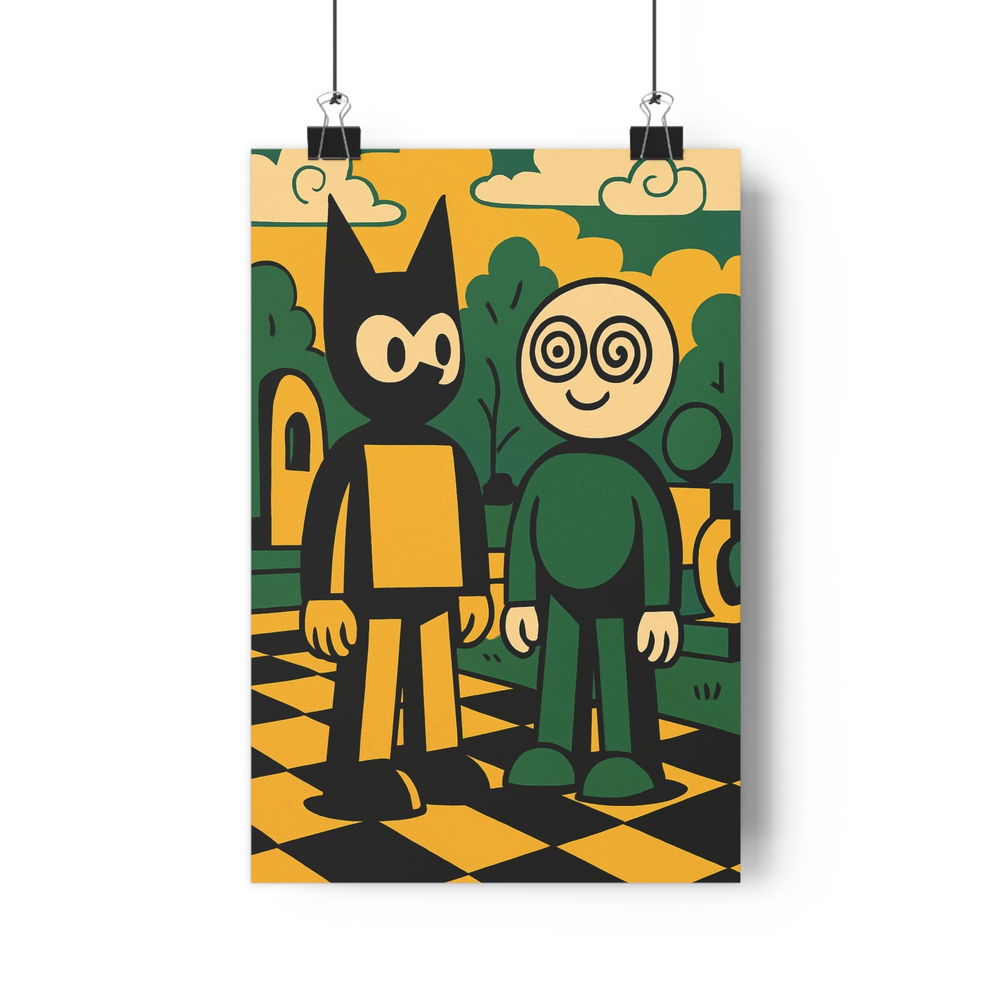 Poster décoratif surréaliste coloré vert jaune noir ludique joyeux chambre salon art mural qualité