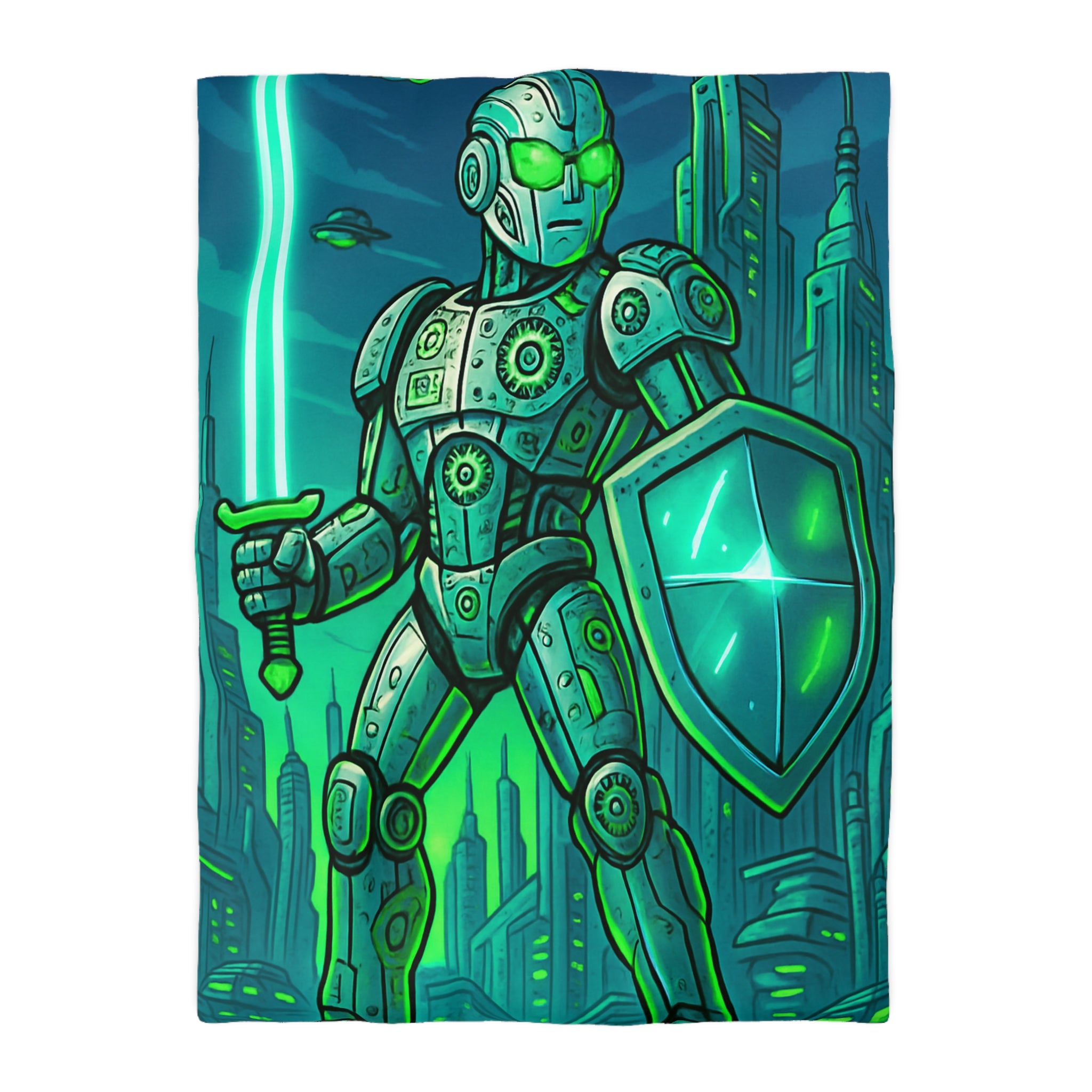 Housse de couette robot futuriste avec épée lumineuse et ville high-tech