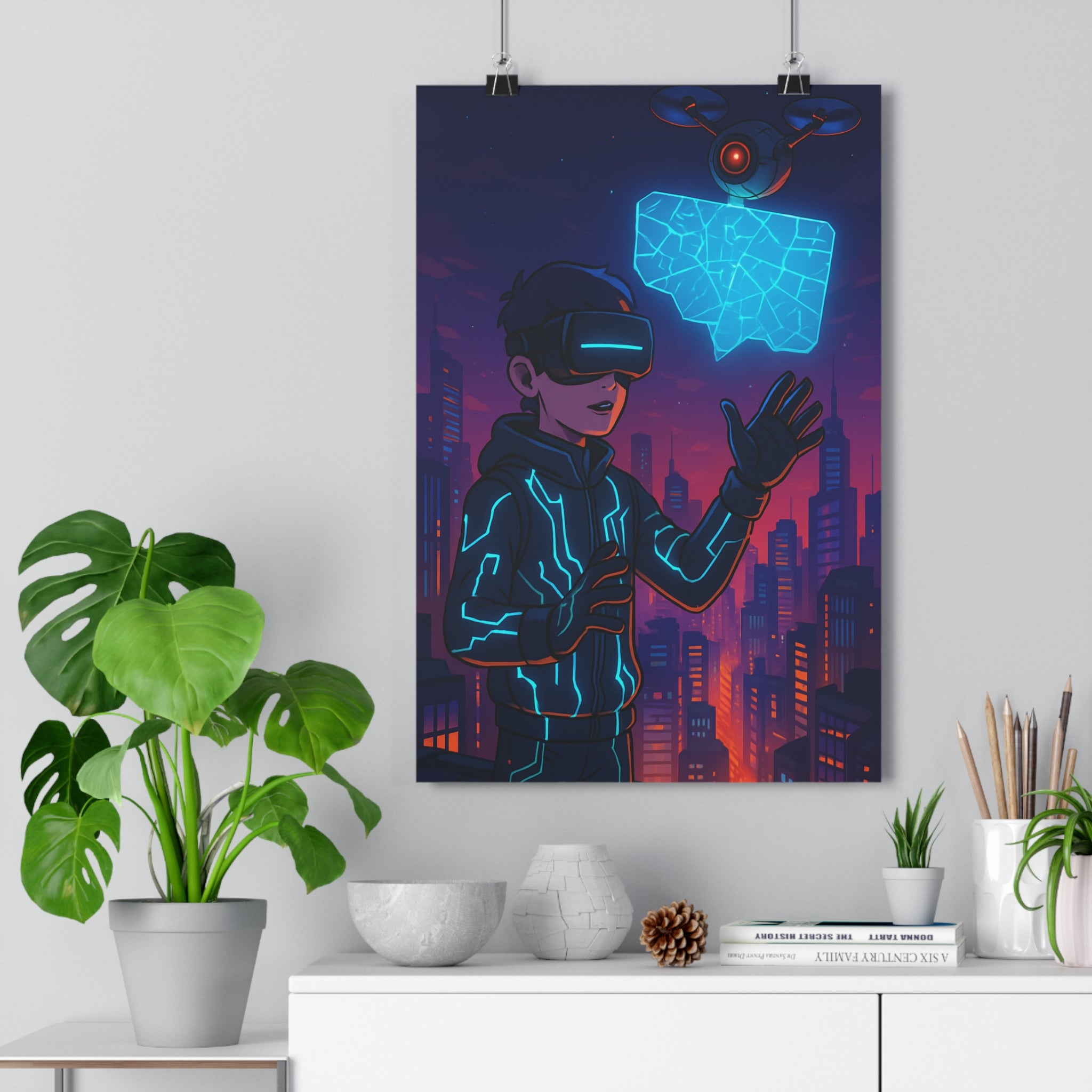 Poster décoratif futuriste bleu vert mystérieux moderne chambre enfant drone technologie lunettes holographique 30x46