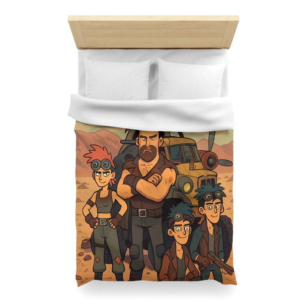 Housse de couette aventure désertique avec personnages et véhicule, style post-apocalyptique