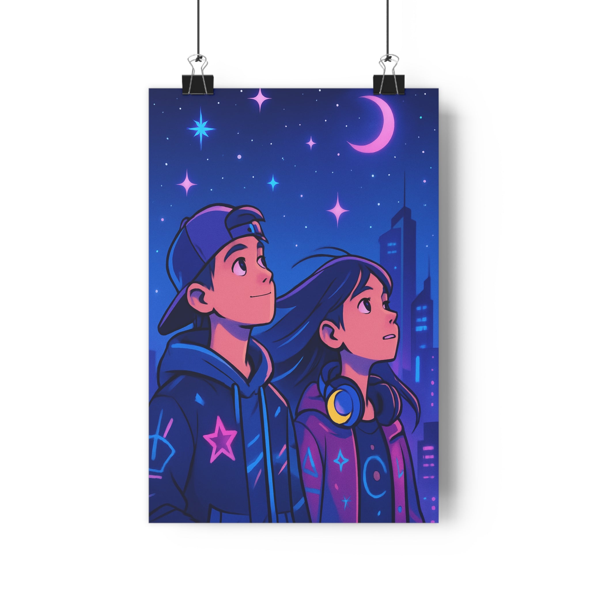 Poster décoratif moderne bleu violet rêveur urbain futuriste chambre bureau cartoon unique 30x46 ambiance