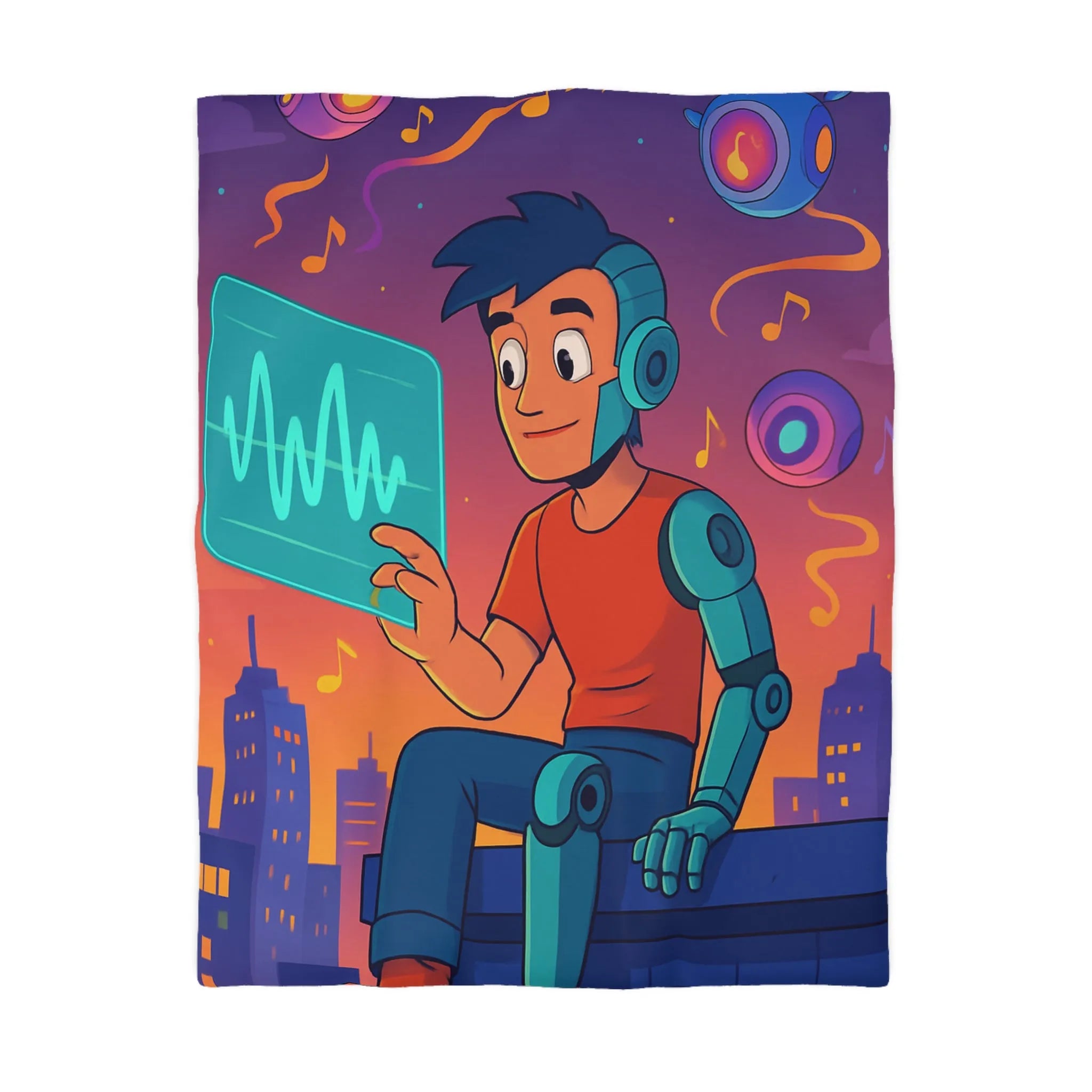 Housse de couette illustrée avec robot et skyline de nuit vibrante et colorée