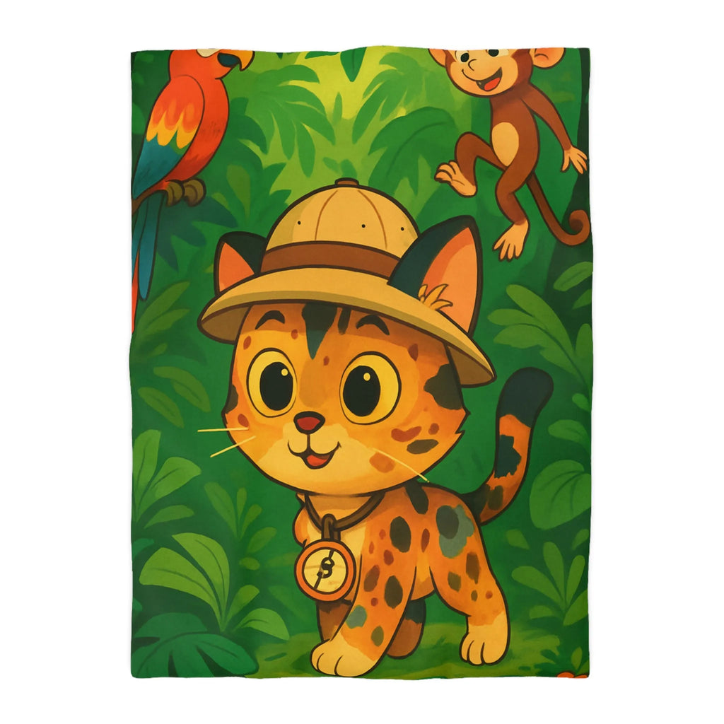 Housse de couette avec chat explorateur, jungle colorée, perroquet et singe joyeux