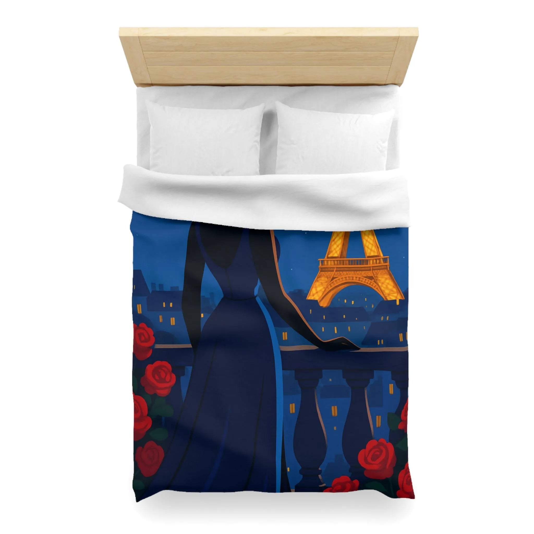 Housse de couette élégante avec vue nocturne sur Paris et roses rouges vibrantes