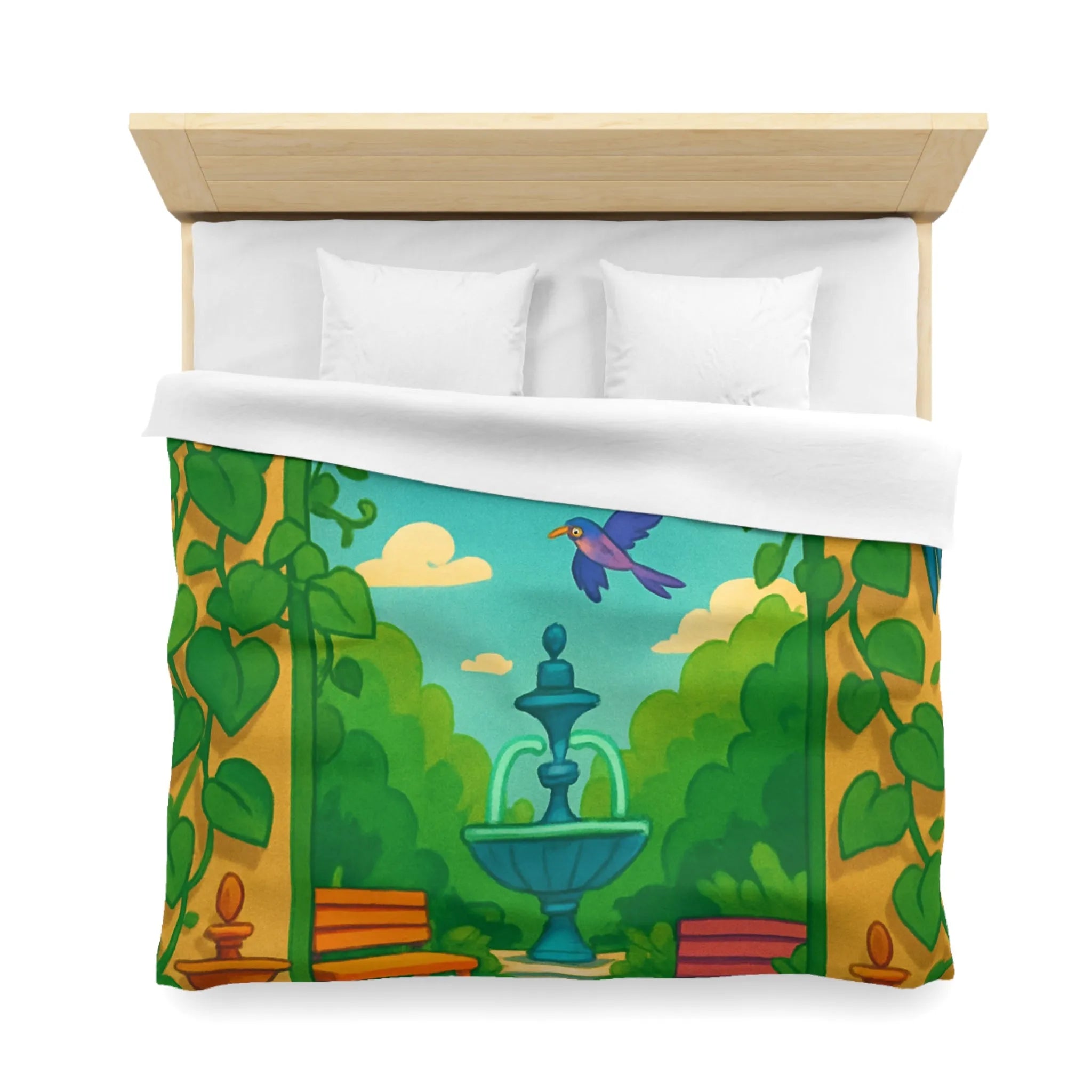 Housse de Couette Illustrée avec Oiseaux Colorés et Fontaine dans Jardin Enchanté