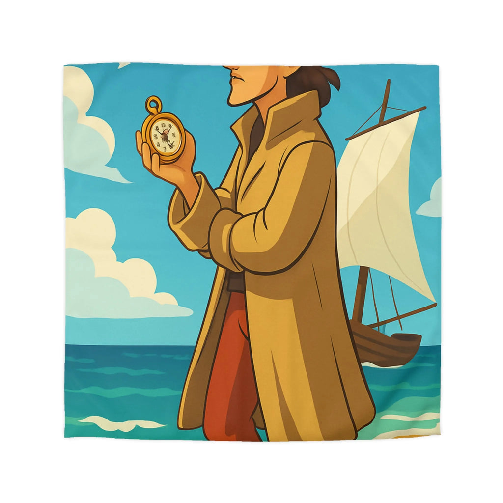 Housse de couette avec illustration de marin vintage et montres de poche sur plage