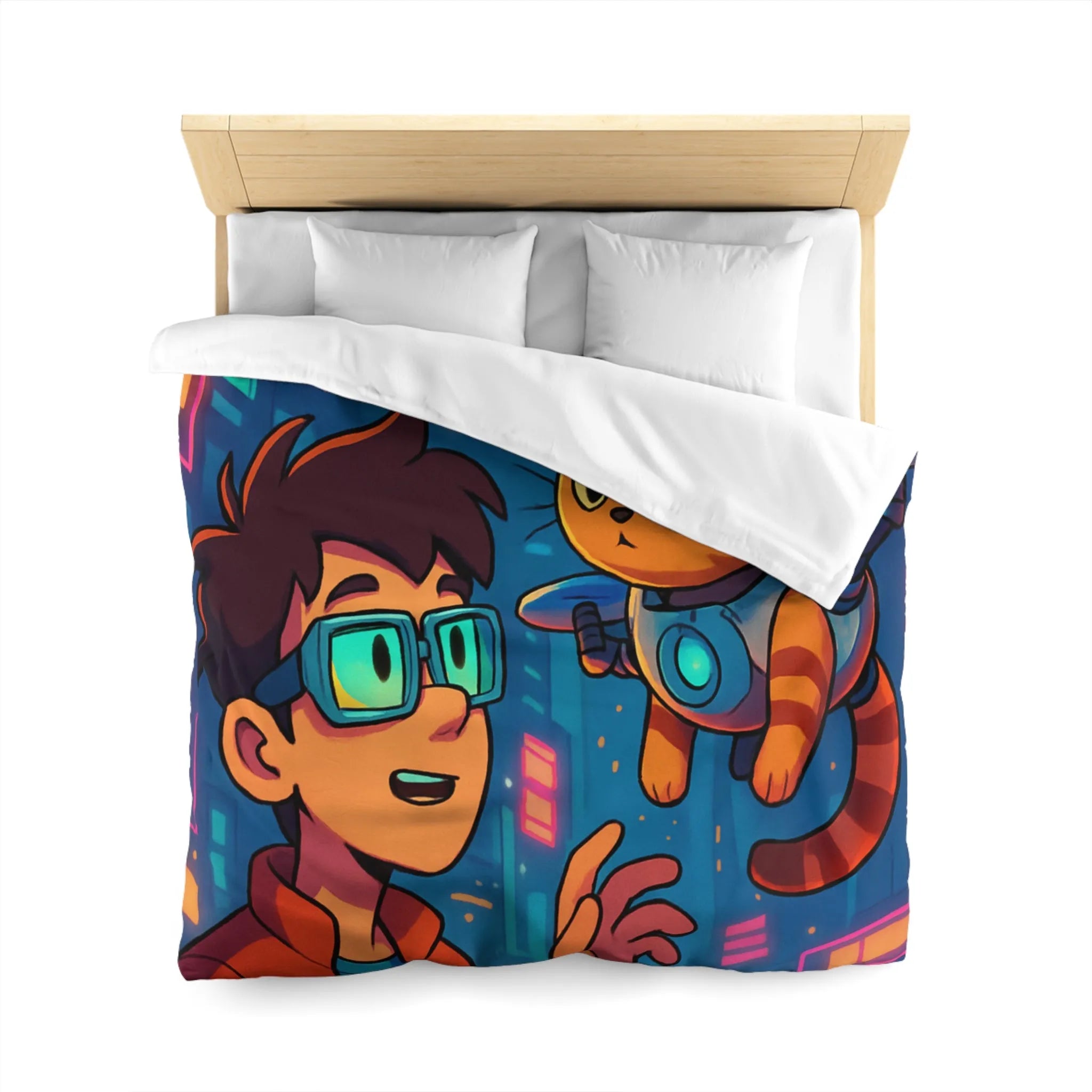 Housse de couette enfants style futuriste avec garçon et chat dans ville cyber