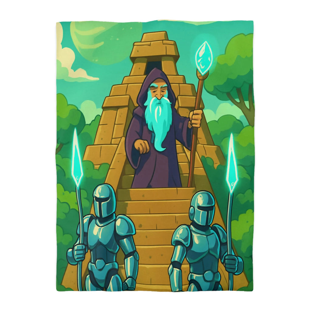 Enchanted Pyramid Landscape with Wizard and Glowing Guardians for Magical Bedding Decor