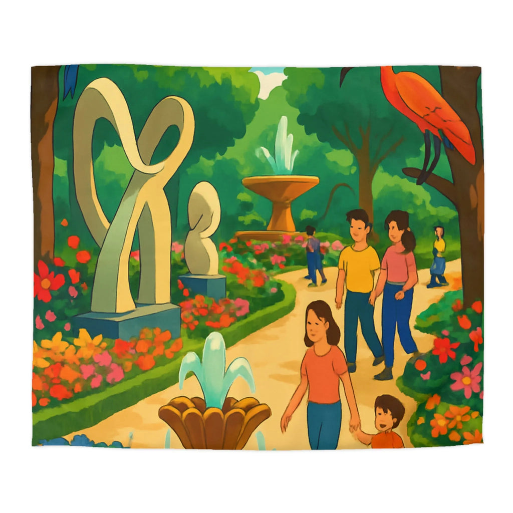 Housse de Couette Colorée Illustrant un Jardin avec Oiseaux et Familles en Promenade