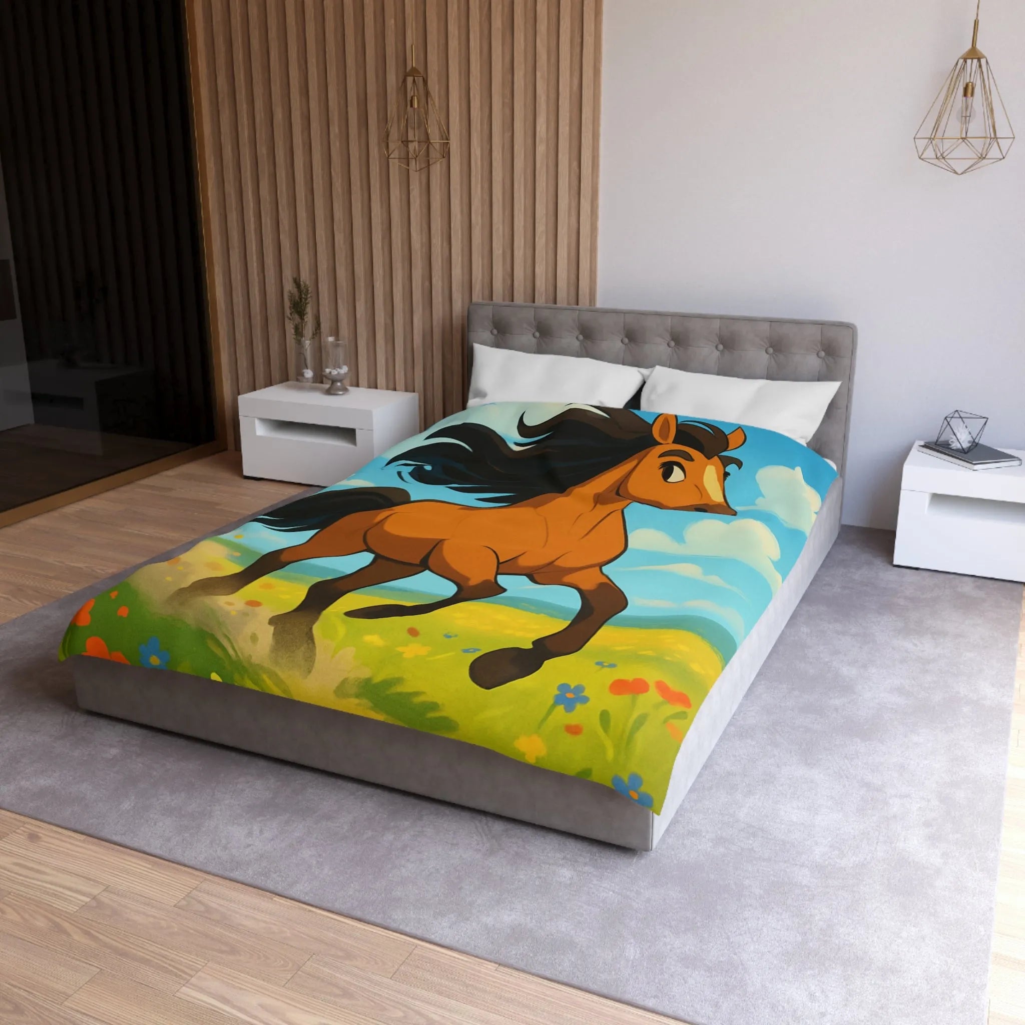 Housse de couette cheval couleur vive, prairie en fleurs, nuages, ciel bleu