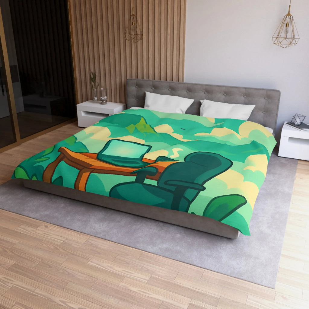 Housse de couette avec paysage de montagne, nature verdoyante, bureau et ciel serein