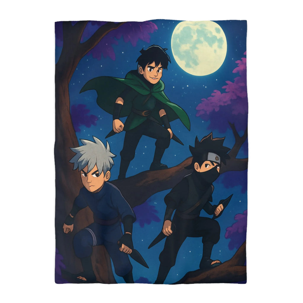 Housse de couette avec trois jeunes ninjas sous la pleine lune et ciel étoilé