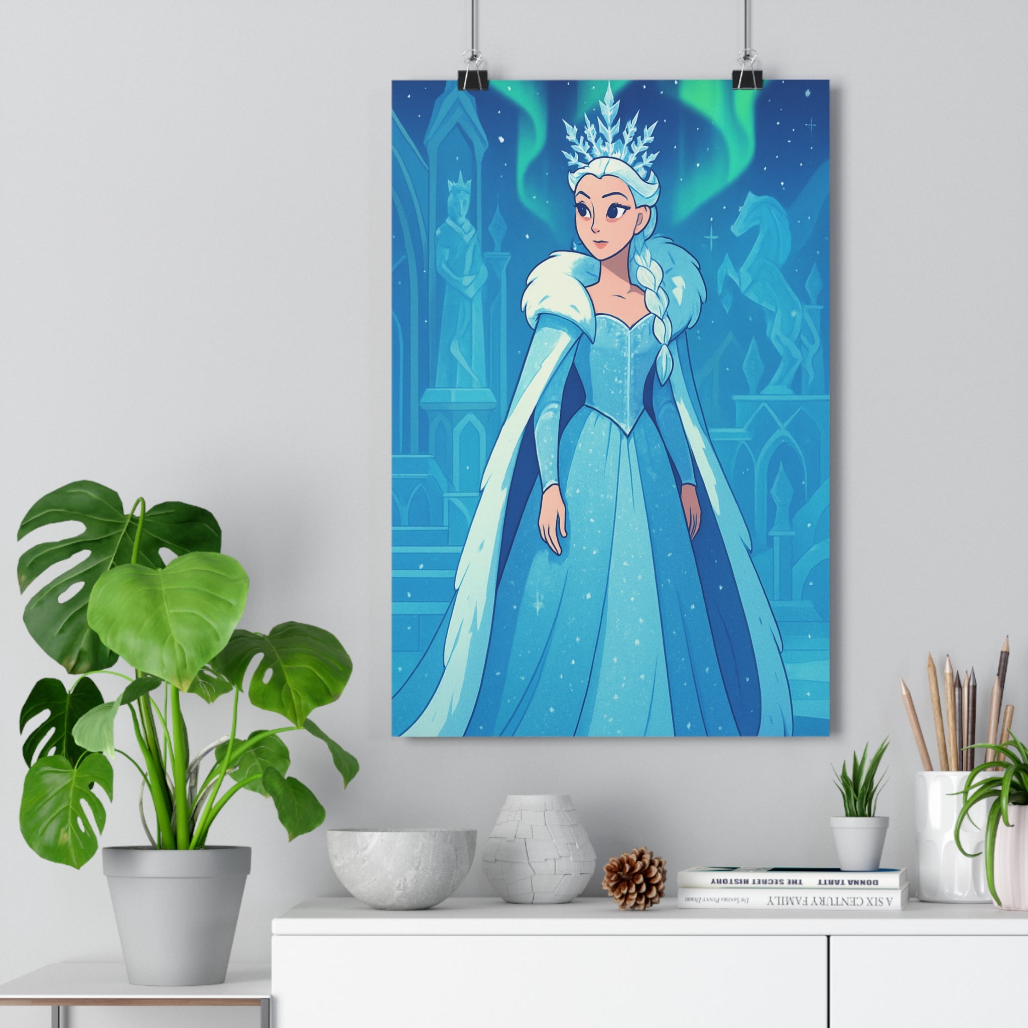 Poster décoratif animé bleu blanc féerique chambre salon magique hiver reine glace majestueuse qualité