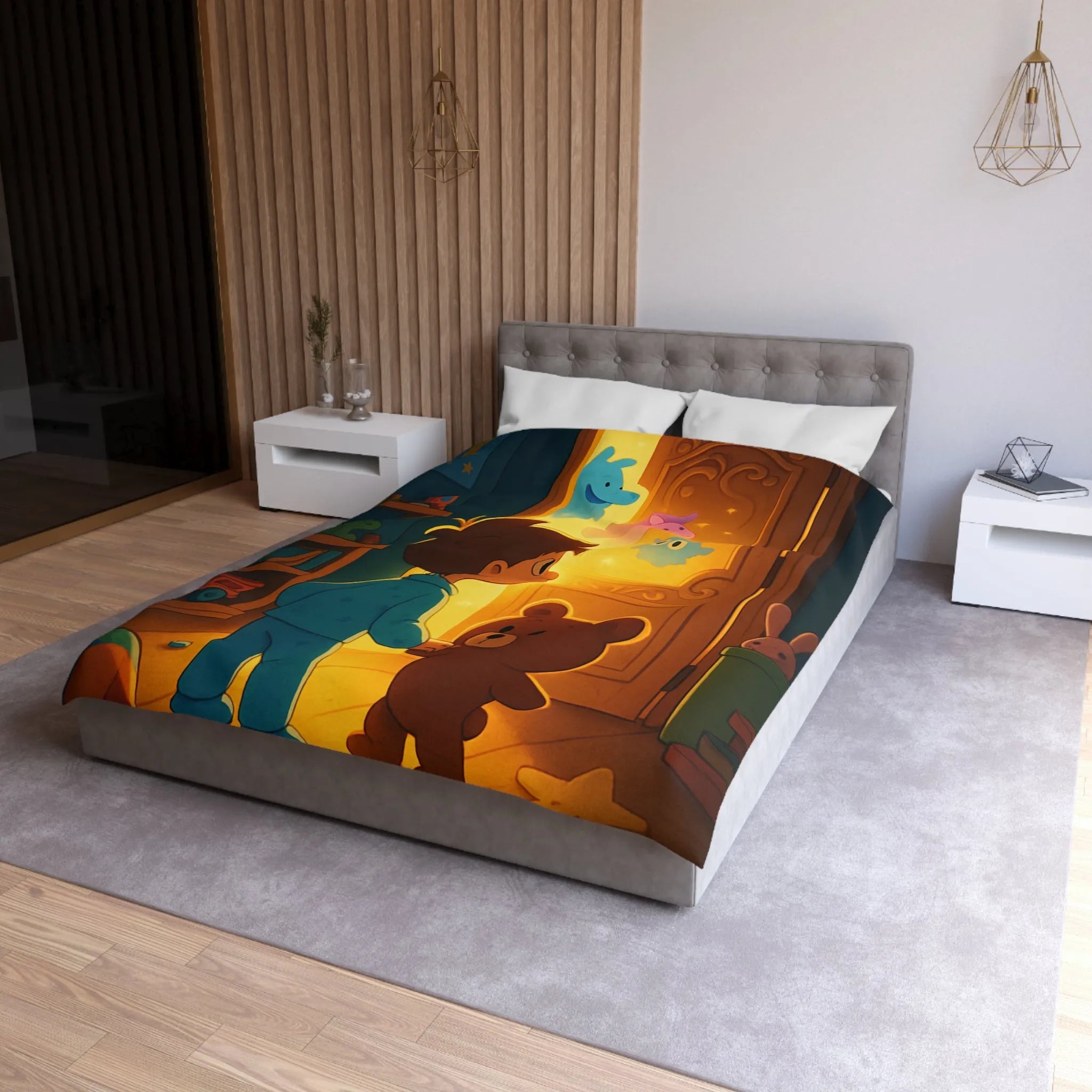 Housse de couette enfant avec motifs lumineux d'animaux magiques en chambre colorée