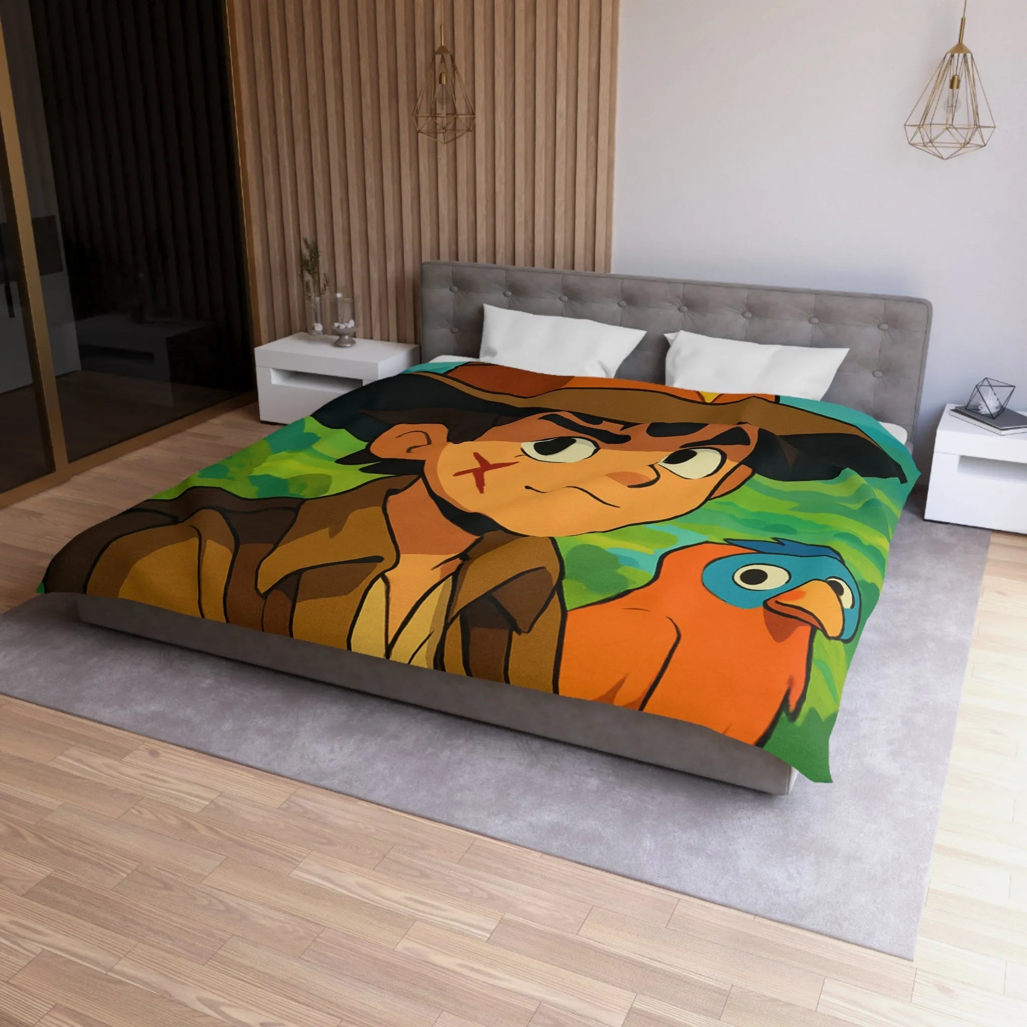 Housse de Couette Enfant Aventure Jungle avec Explorateur et Perroquet Coloré