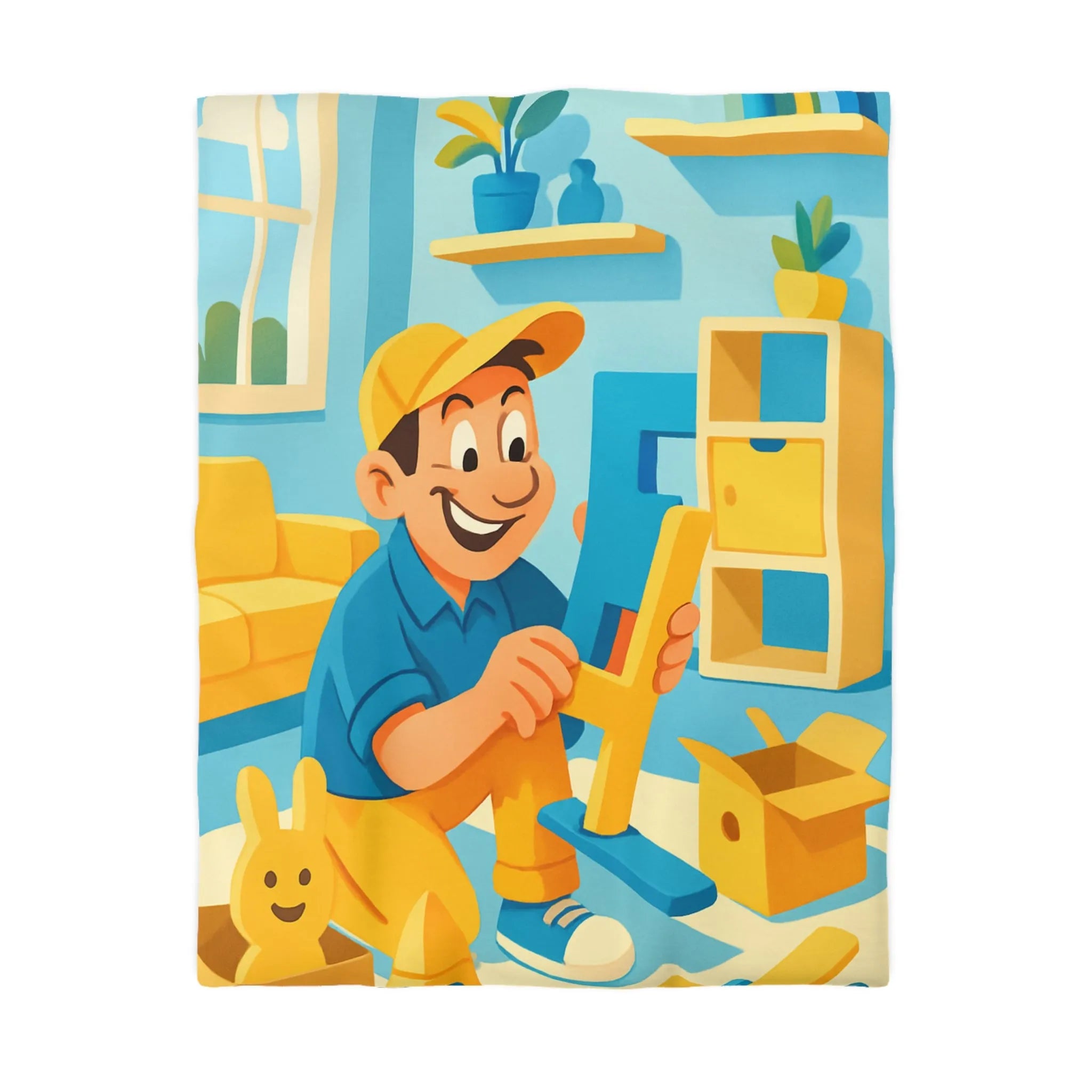 Housse de couette colorée avec personnage joyeux assemblant des jouets dans une pièce ensoleillée