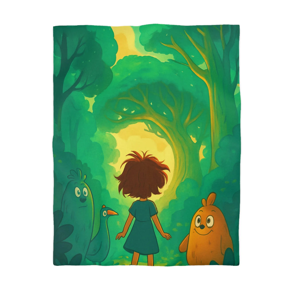 Housse de couette forêts enchantées avec animaux et personnage central, ambiance magique