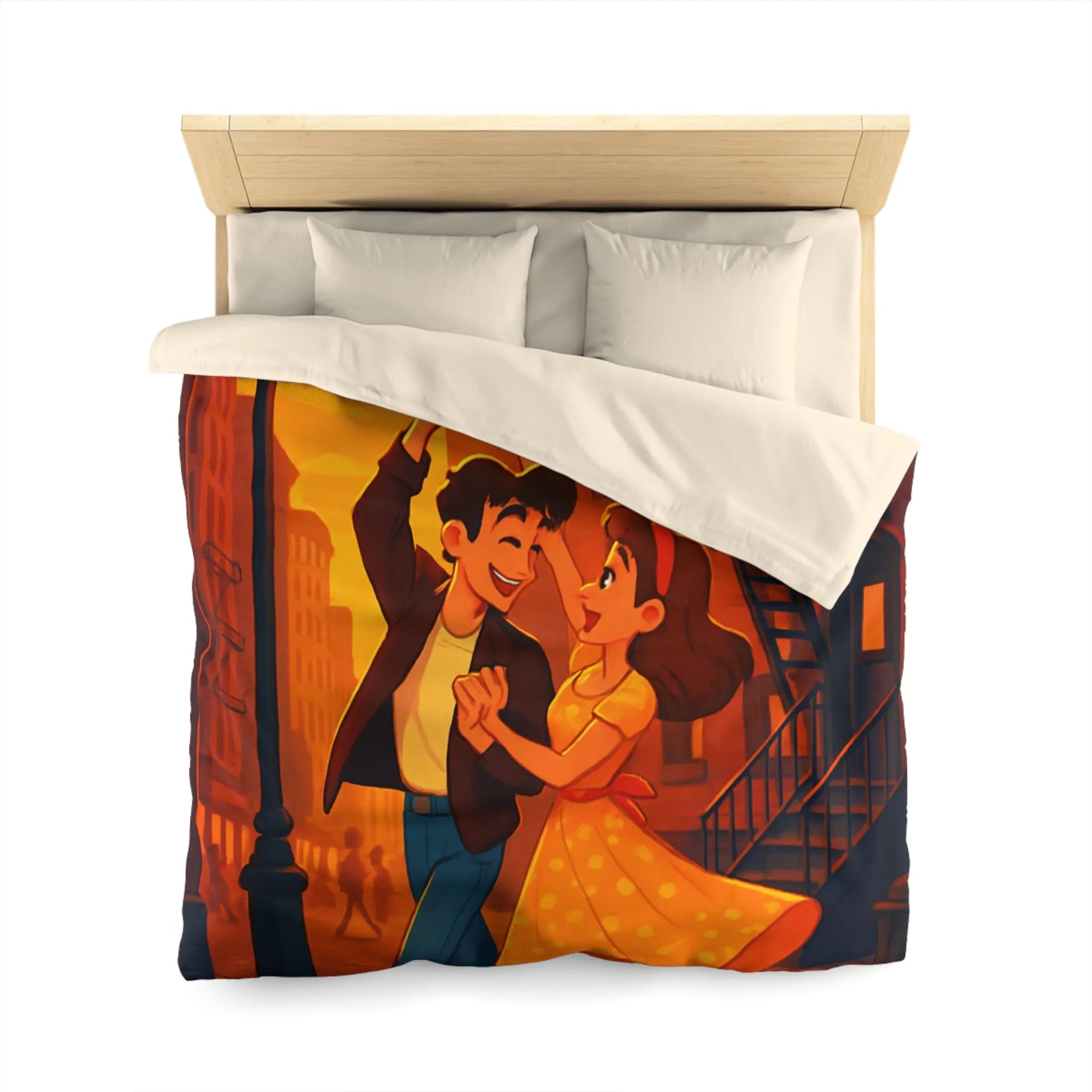 Danse romantique rétro sous réverbère vintage, ambiance urbaine crépusculaire charmante et nostalgique