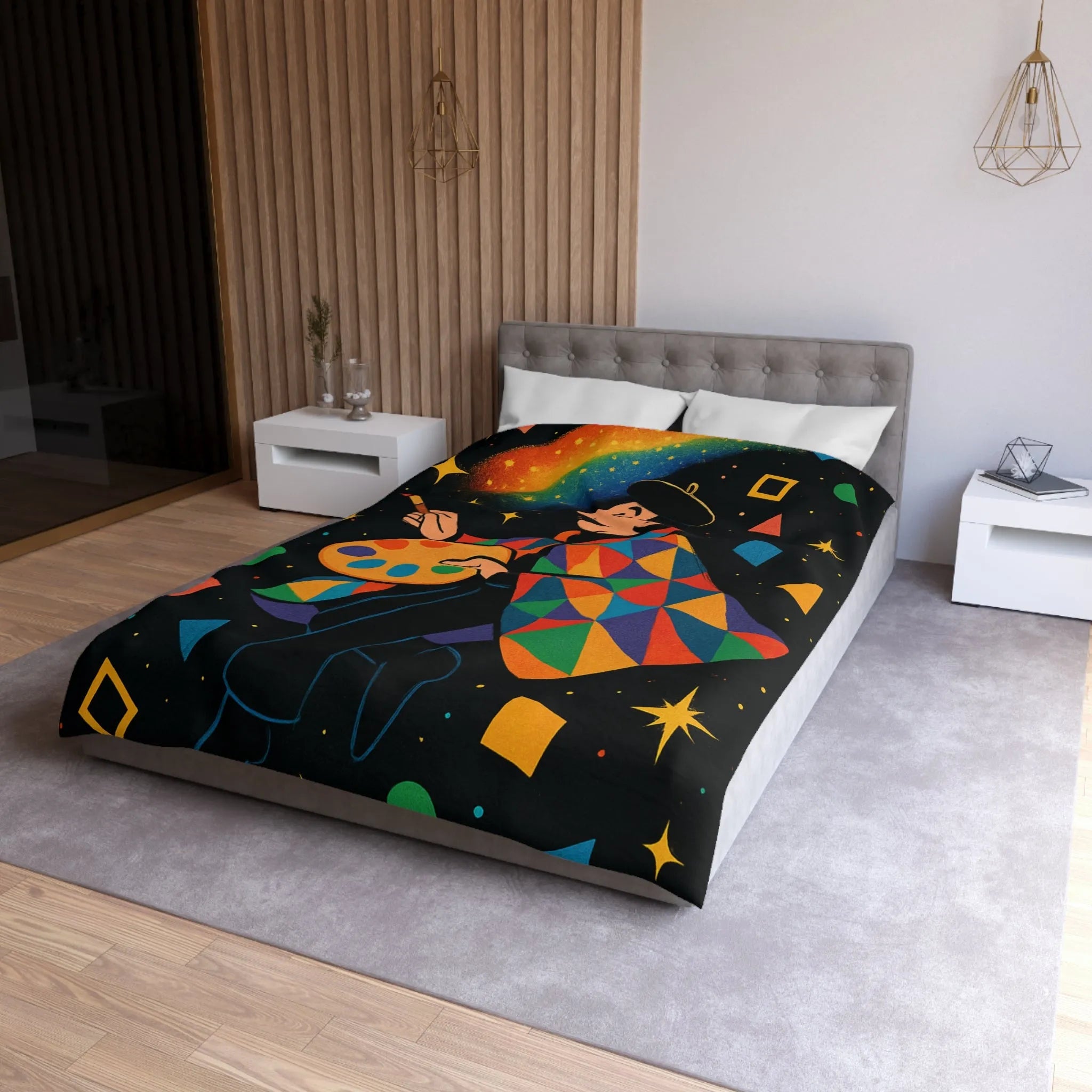 Housse de couette artiste colorée avec motifs géométriques et ciel étoilé magique