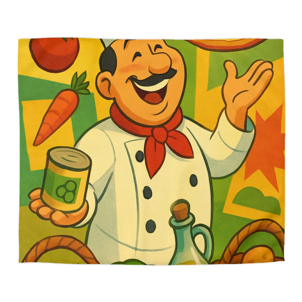 Housse de Couette Illustrée de Chef Heureux avec légumes et Pizza Méditerranéenne Colorée